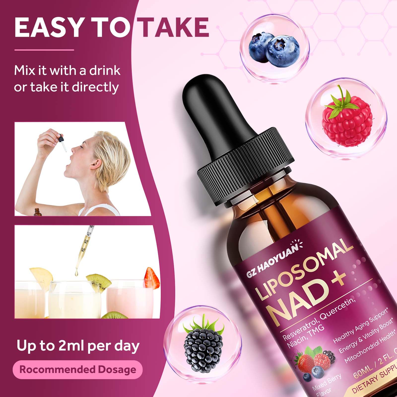 Liposomal NAD Supplement - 1200mg NAD+ Liquid Drops for Women & Men with Nicotinamide, Resveratrol, Quercetin, TMG, Black Pepper Extract - Brain & Cellular Mitochondrial Health, Anti-Aging, Longevity GZ HAOYUAN buy supplements canada