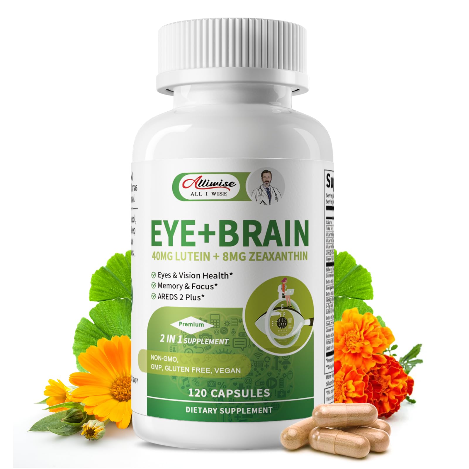Eye + Brain Supplements for Memory and Focus, Lutein 40mg, Zeaxanthin, Astaxanthin, Bilberry, Lion’s Mane, Bacopa Monnieri, Ginkgo Biloba, 14 in 1 Eye Vitamins for Adults & Seniors 120 Capsules Alliwise buy supplements canada