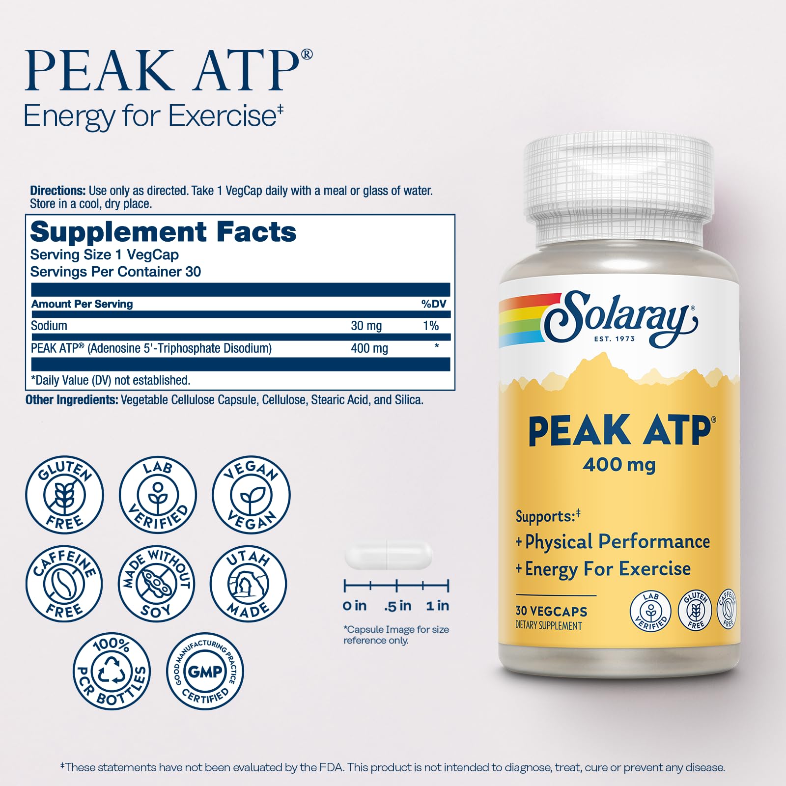 SOLARAY Peak ATP 400 mg - Physical Performance and Exercise Energy Supplements - Stim Free Pre Workout Pills - No Caffeine or Gluten - Lab Verified - 60-Day Guarantee - 30 Servings, 30 VegCaps SOLARAY buy supplements canada