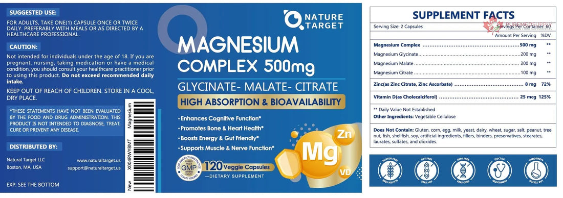 Magnesium Complex 500mg, Magnesium Glycinate, Malate & Citrate - High Absorption Chelated Triple Magnesium Supplement with Zinc, Vitamin D3 for Muscle, Nerve, Bone & Immune Support, Vegan 120 Capsules NATURE TARGET buy supplements canada