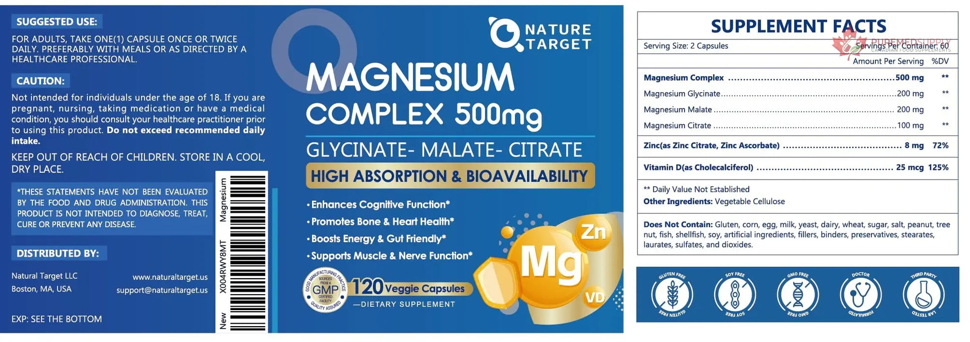 Magnesium Complex 500mg, Magnesium Glycinate, Malate & Citrate - High Absorption Chelated Triple Magnesium Supplement with Zinc, Vitamin D3 for Muscle, Nerve, Bone & Immune Support, Vegan 120 Capsules NATURE TARGET buy supplements canada