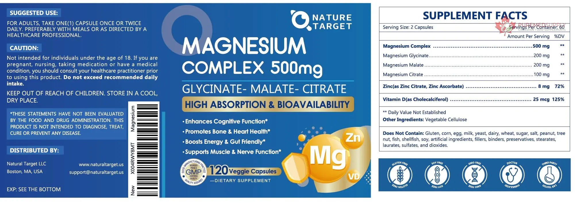 Magnesium Complex 500mg, Magnesium Glycinate, Malate & Citrate - High Absorption Chelated Triple Magnesium Supplement with Zinc, Vitamin D3 for Muscle, Nerve, Bone & Immune Support, Vegan 120 Capsules NATURE TARGET buy supplements canada