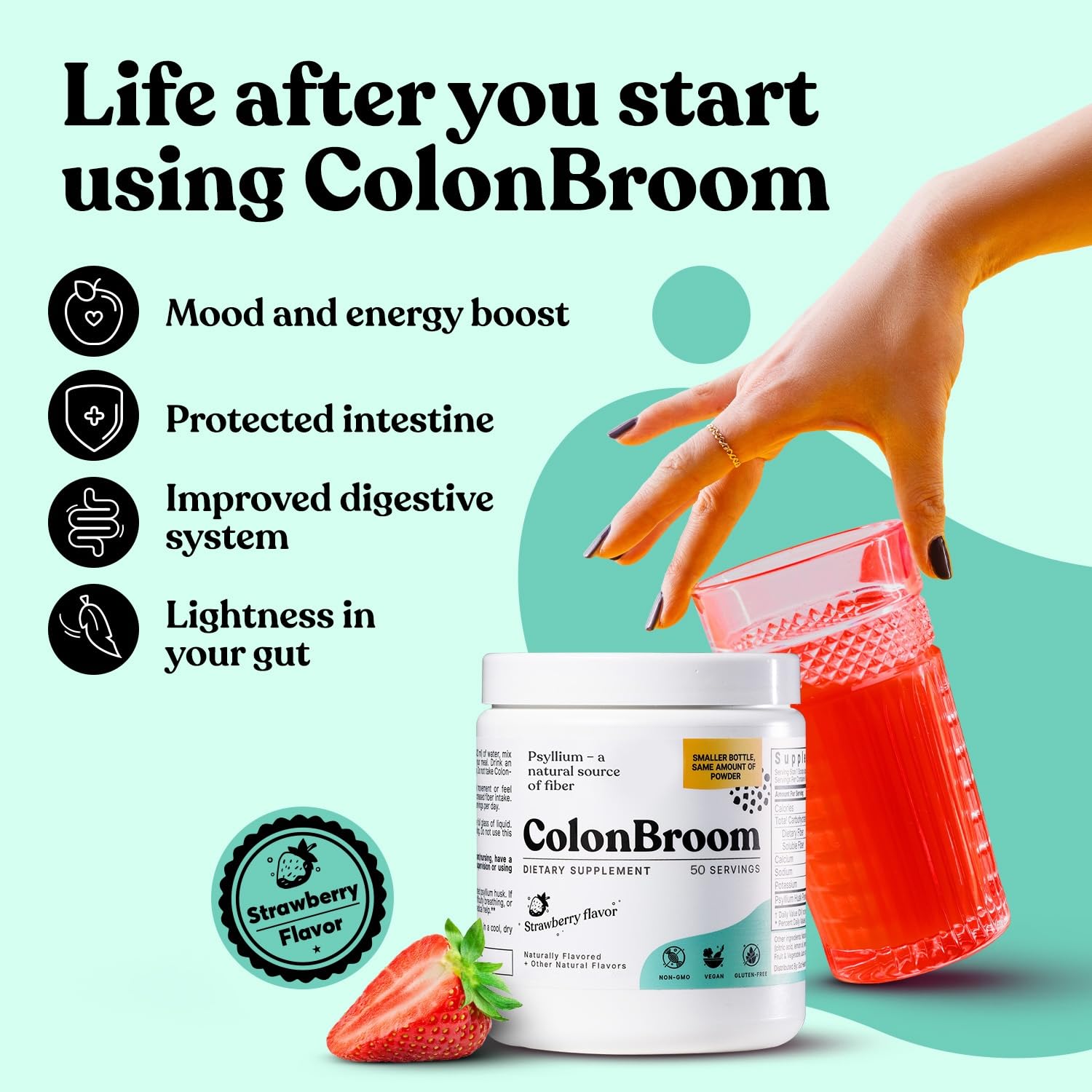 ColonBroom Psyllium Husk Powder (Strawberry) - Colon Cleanse for Bloating Relief & Gut Health - Colon Broom Fiber Powder Drink - Vegan, Gluten Free, Non-GMO Fiber Powder Supplement, 50 Servings ColonBroom buy supplements canada