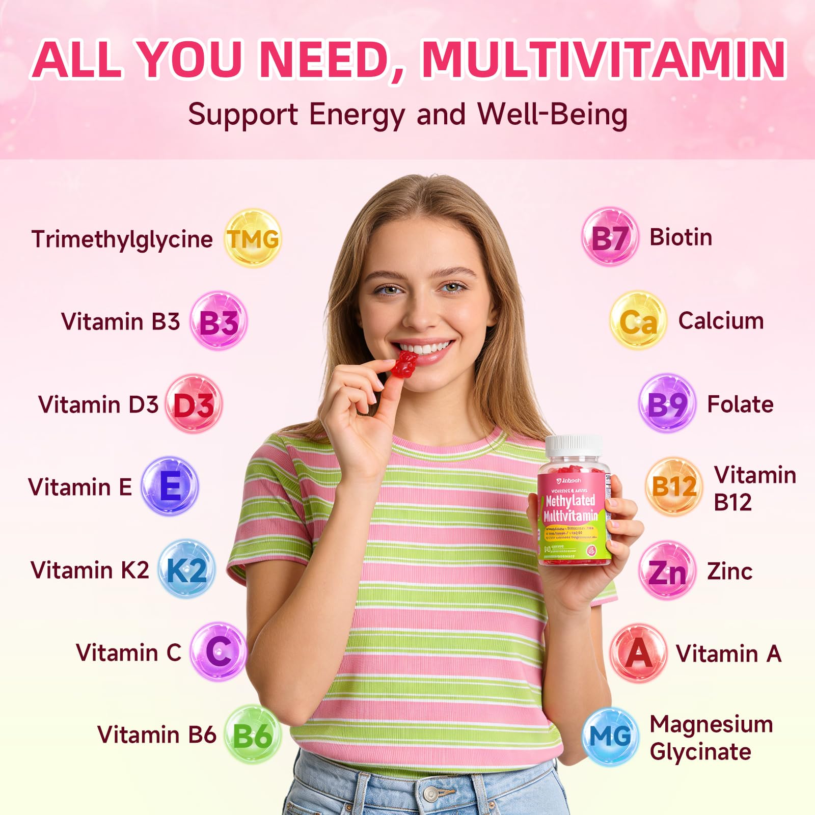 Methylated Vitamin B Complex Gummies for Women & Men, Multivitanins Gummy with Vitamin A, C ,E, Methylfolate & B12, TMG, Calcium, D3 K2 Jabsah buy supplements canada