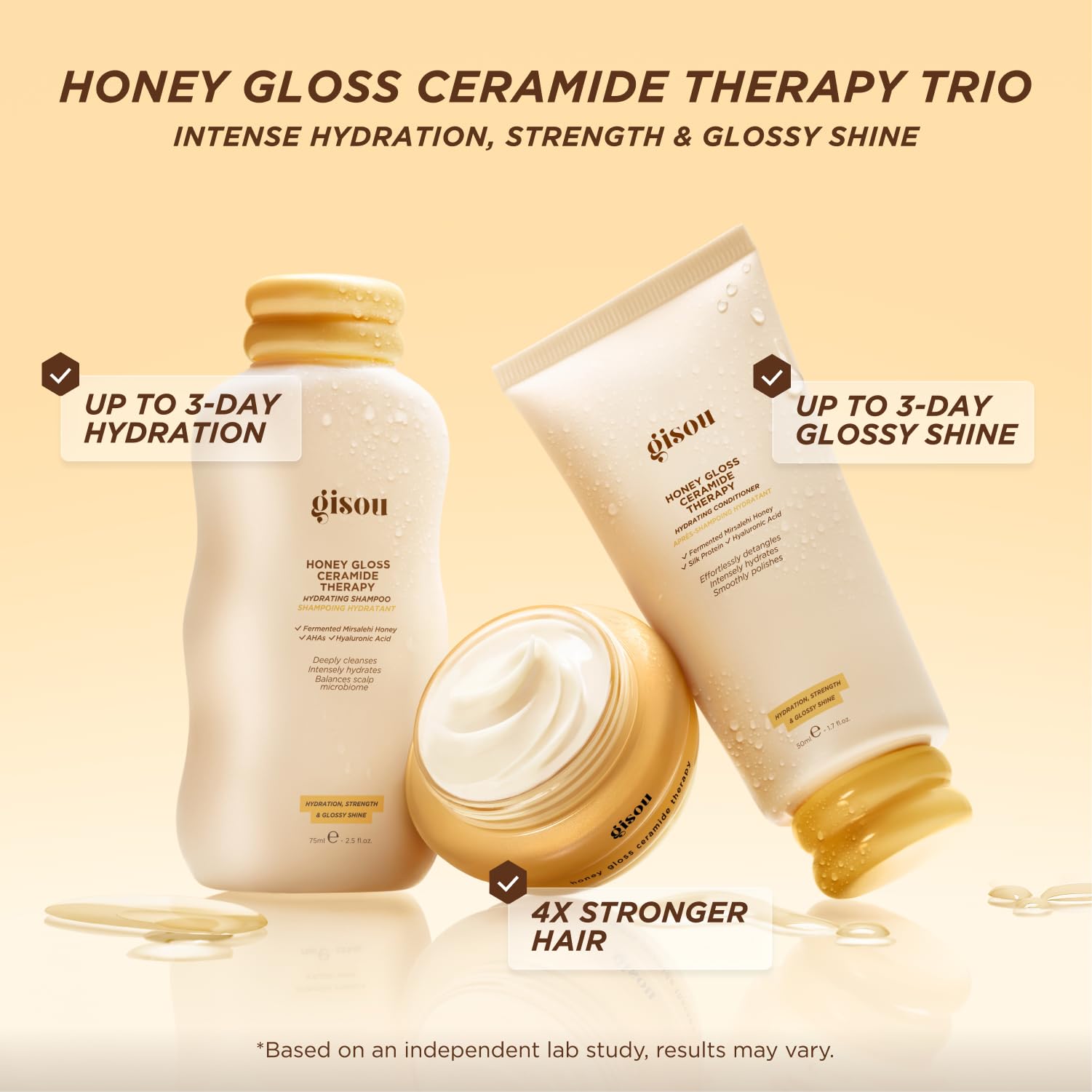 Gisou Honey Gloss Hair Therapy Trio - Mini Shampoo, Hair Mask and Conditioner for smoother, stronger and glossier hair Gisou buy supplements canada