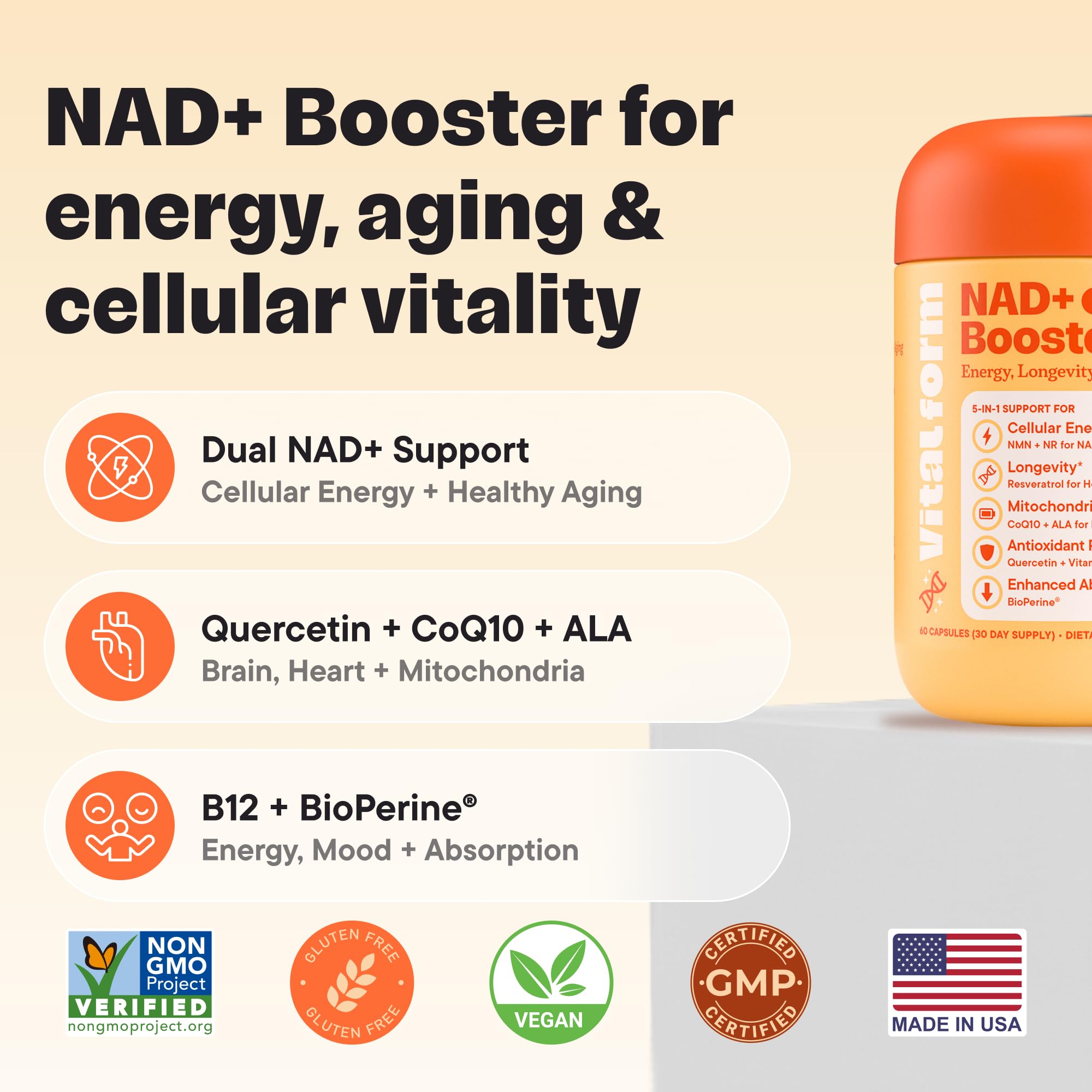 VitalForm NAD+ Supplement with NMN & Nicotinamide Riboside (NR) – Advanced Cellular Energy & Healthy Aging Complex – with Resveratrol, CoQ10, Quercetin & BioPerine – 60 Vegan Capsules VitalForm buy supplements canada