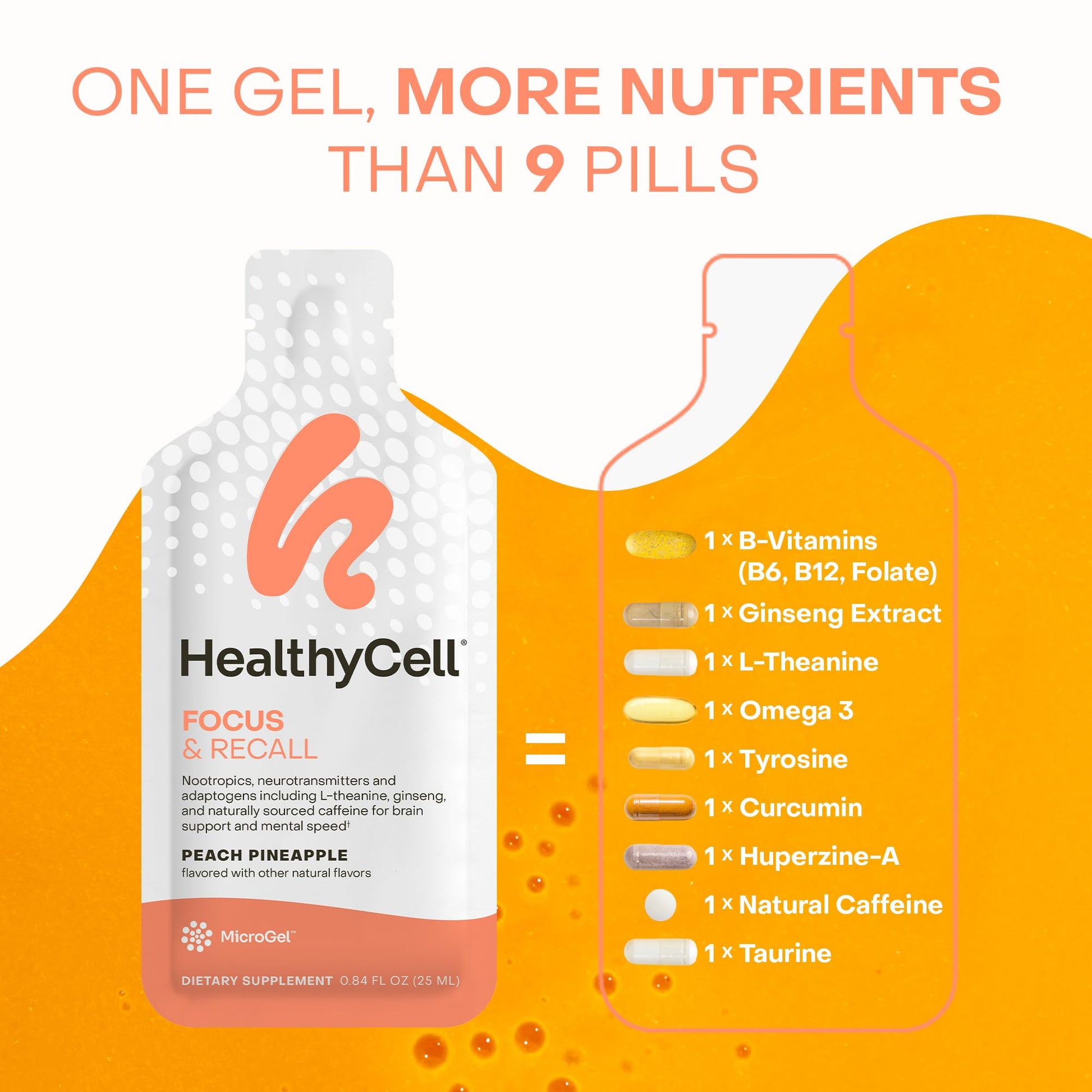 Healthycell Focus & Recall, Daily Liquid Brain Supplement for Focus & Memory - Nootropics Supplement for Concentration & Alertness with L-Theanine, Omega-3 & Taurine - 14 Gel Packs Healthycell buy supplements canada