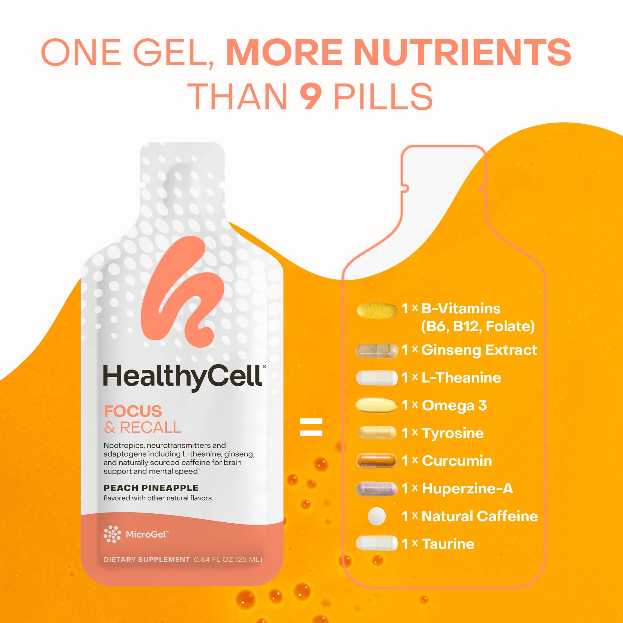 Healthycell Focus & Recall, Daily Liquid Brain Supplement for Focus & Memory - Nootropics Supplement for Concentration & Alertness with L-Theanine, Omega-3 & Taurine - 14 Gel Packs Healthycell buy supplements canada