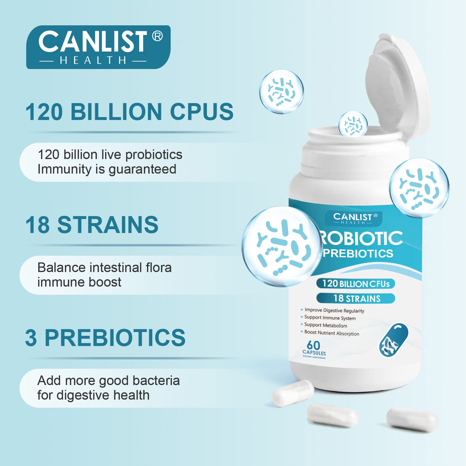 CANLIST Probiotics 120 Billion CFUs 18 Strains, 3 Prebiotics & Digestive Enzymes for Men Women,Digestive & Immune Support,Shelf Stable Non-GMO 60 Capsules CANLIST buy supplements canada