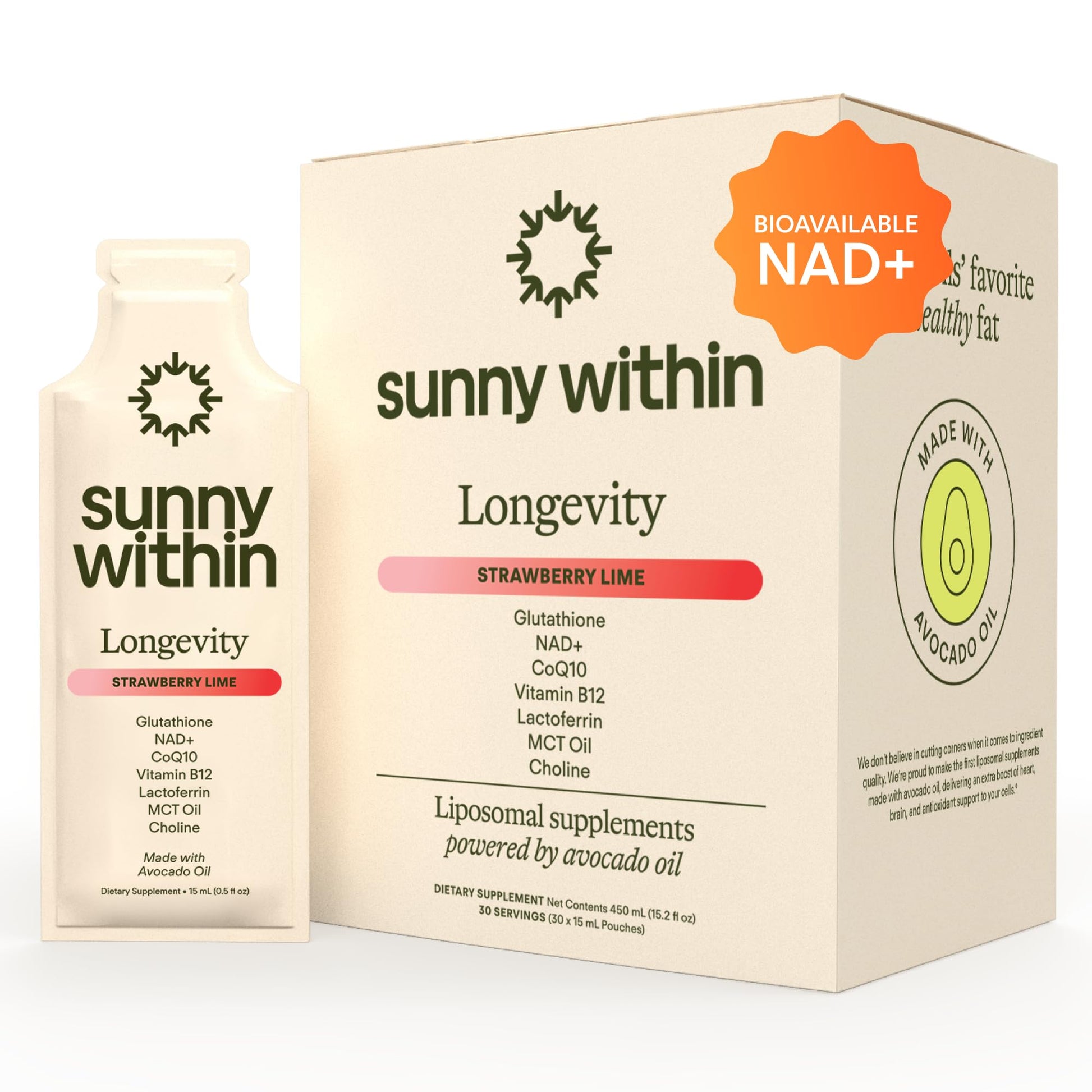 Sunny Within - Liposomal Glutathione Supplement NAD+ Longevity Mix w/Liquid NAD+, CoQ10, B12, MCT & Avocado Oil – Cellular Health, Energy, Brain, Gut & Heart Support* – Strawberry Lime – 30 Pouches Sunny Within buy supplements canada