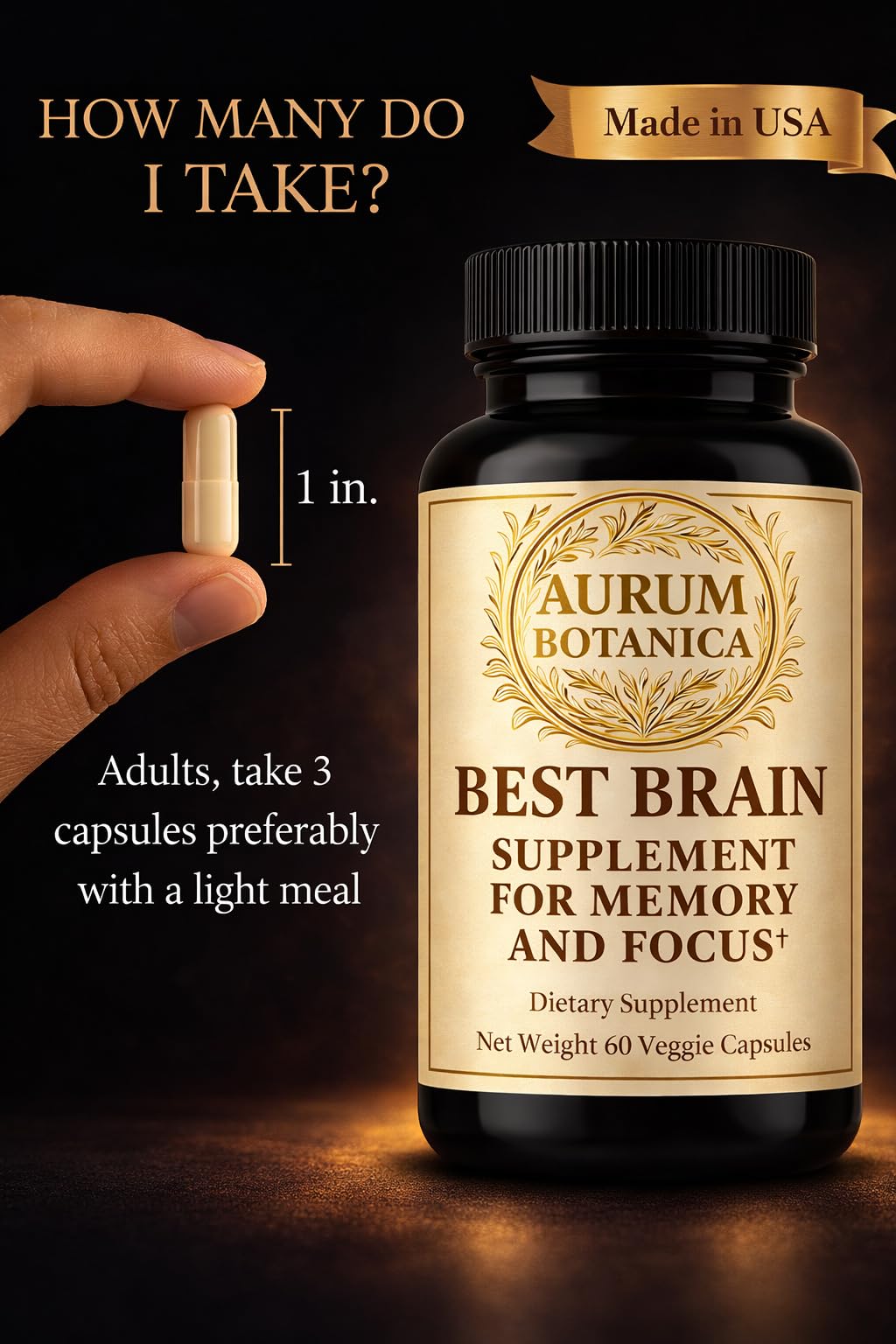 AURUM BOTANICA Best Brain Supplement for Memory and Focus - L-Theanine, Lion's Main, Vitamin B6, B12, D3, Folate, L-Tyrosine, Bacopa Monnieri, Alpha GPC, Theacrine, 30mg of Natural Caffeine (60 Count) AURUM BOTANICA buy supplements canada