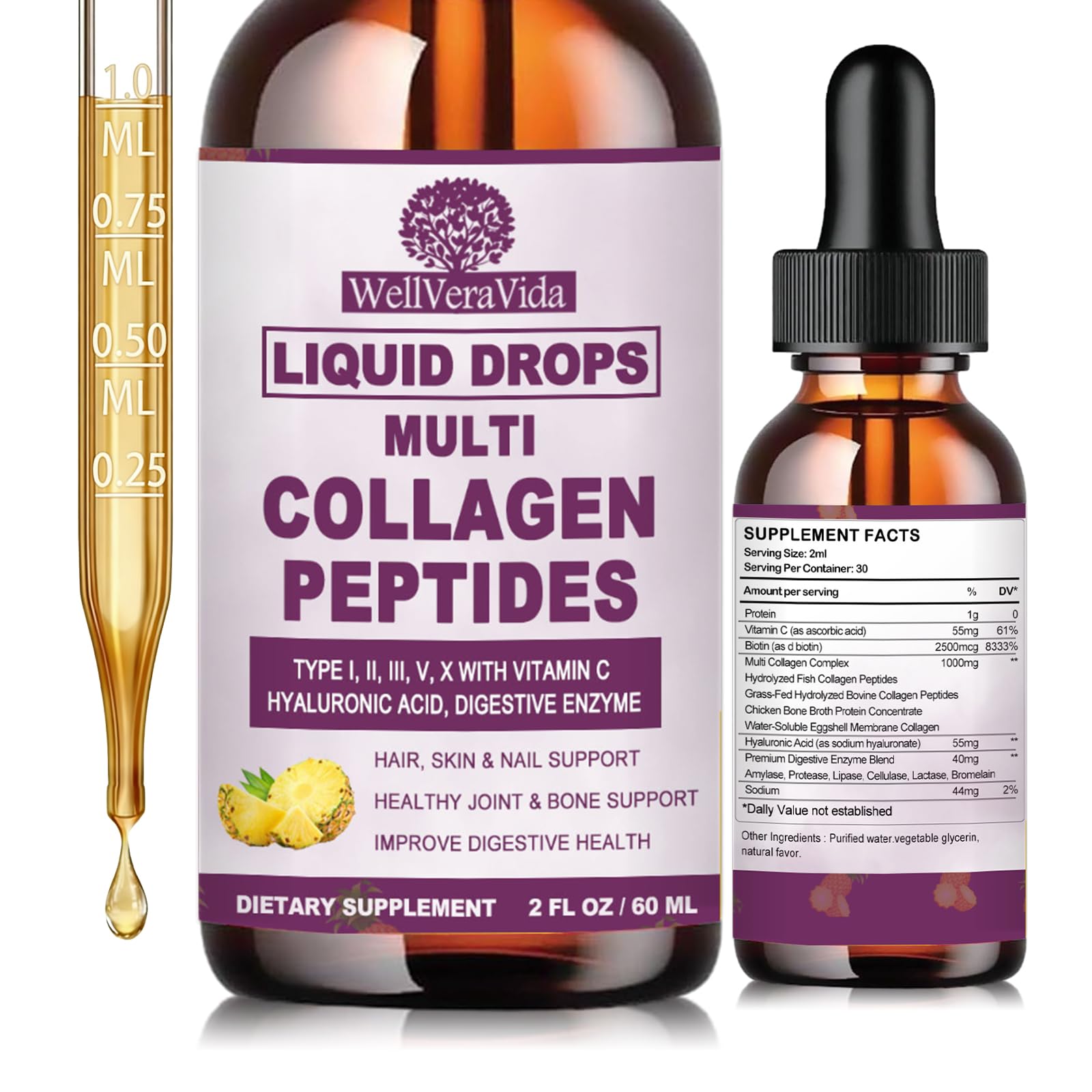 Multi Collagen Peptides Liquid Drops, 2oz – Types I, II, III, V, X, Hydrolyzed Collagen Complex for Hair, Skin, Nails, Bones & Joint Support | Collagen Supplement w. Hyaluronic Acid, Biotin, Vitamin C WellVeraVida buy supplements canada