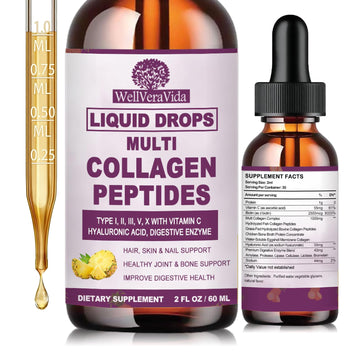 Multi Collagen Peptides Liquid Drops, 2oz – Types I, II, III, V, X, Hydrolyzed Collagen Complex for Hair, Skin, Nails, Bones & Joint Support | Collagen Supplement w. Hyaluronic Acid, Biotin, Vitamin C WellVeraVida buy supplements canada