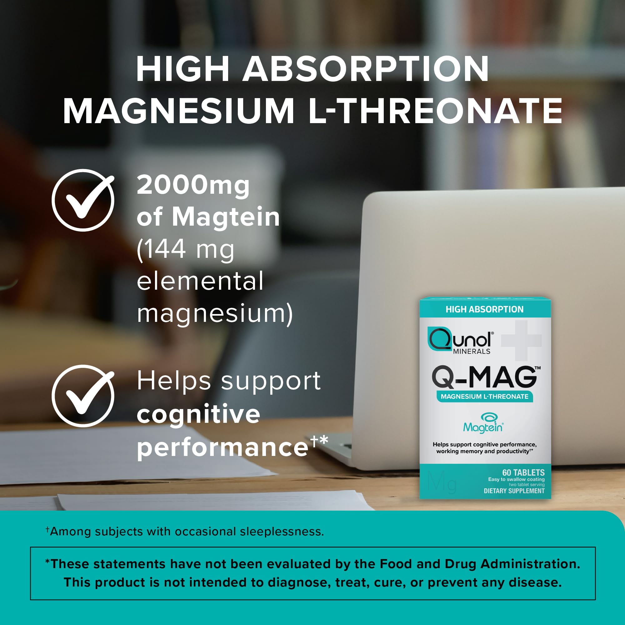 Qunol Q-Mag Magnesium L-Threonate Tablets, 2000mg of Magtein to Help Support Cognitive Performance, Improve Mental Alertness & Productivity, Supports Restful Sleep, High Absorption, 60 Count Qunol buy supplements canada