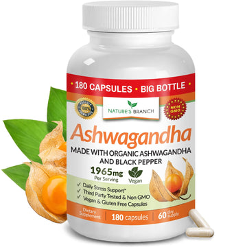 UDAF Certified Organic Ashwagandha with Black Pepper, 1965mg - Extra Strength for Stress, Sleep, Mood, Thyroid, Energy, Hair, Vegan Pure Root Extract Powder Supplement for Men and Women | 180 Capsules NATURE'S BRANCH buy supplements canada