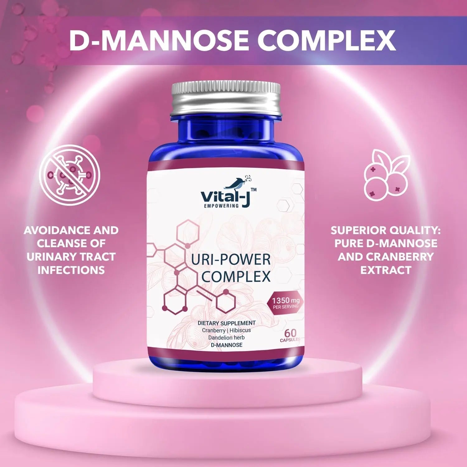 4-IN-1 URI POWER COMPLEX 1350mg - D Mannose, Cranberry, Hibiscus, and Dandelion Herb - Naturally Cleanse the Bladder and Urinary Tract 60 capsules – Specialized Approach for UTI Avoidance Vital-J Empowering buy supplements canada