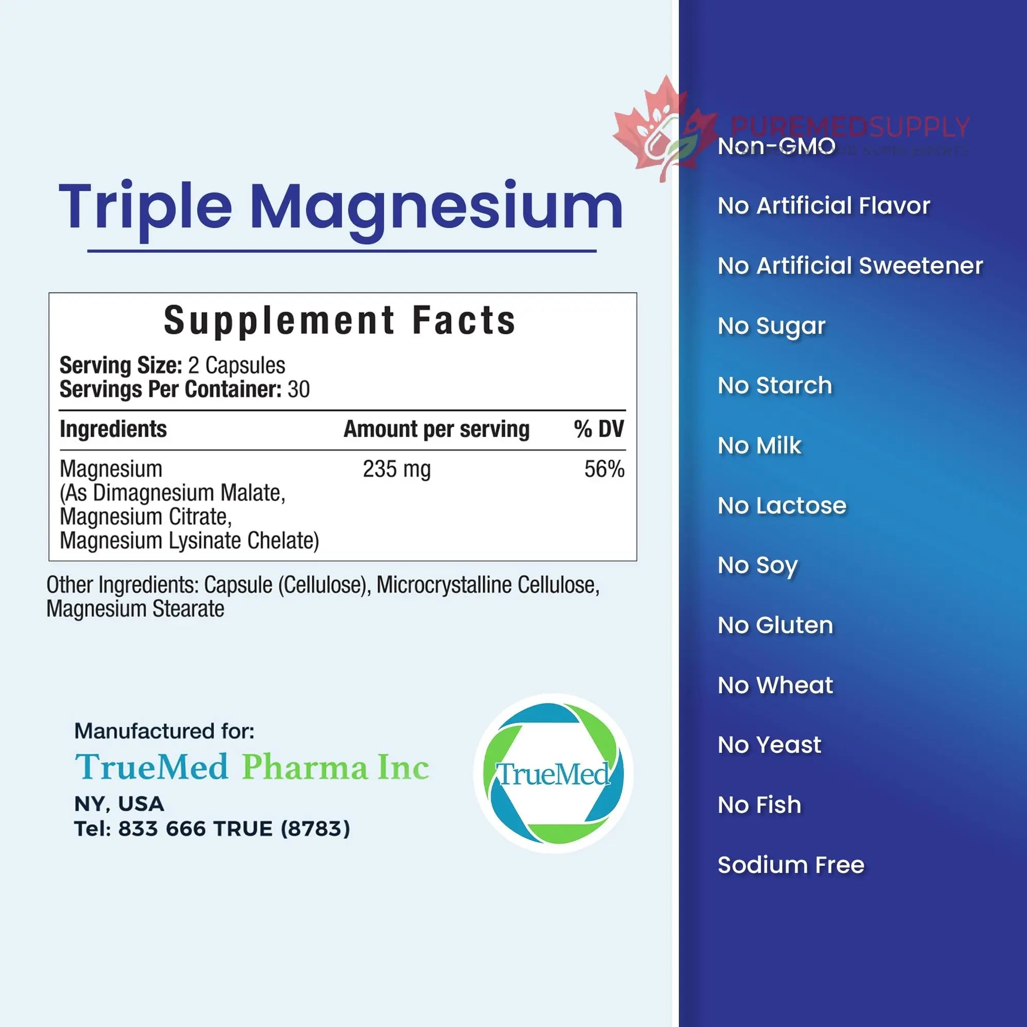 Truemed Triple Magnesium Complex Supplement 235mg with Magnesium Citrate, Malate & Lysinate Chelate | Magnesium Supplement for Sleep, Muscle Relaxation, Energy & Nerve Support | 60 Capsules, USA Made TRUEMED buy supplements canada