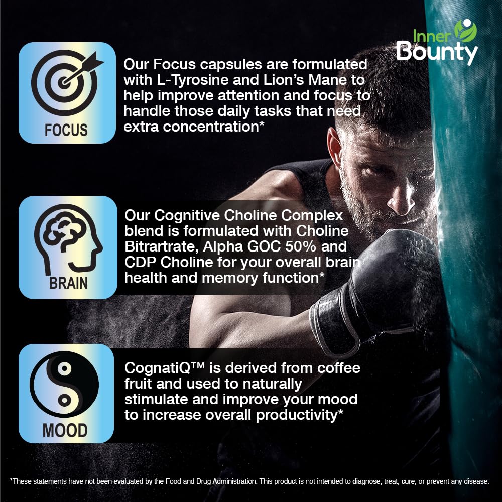 Inner Bounty Focus 14-in-1 Nootropic Brain Supplement with Lions Mane, Alpha GPC Choline, Vitamin C & B12, Taurine, Bacopa - Energy, Cognitive, Memory Support, 60 Filler Free Capsules Inner Bounty buy supplements canada