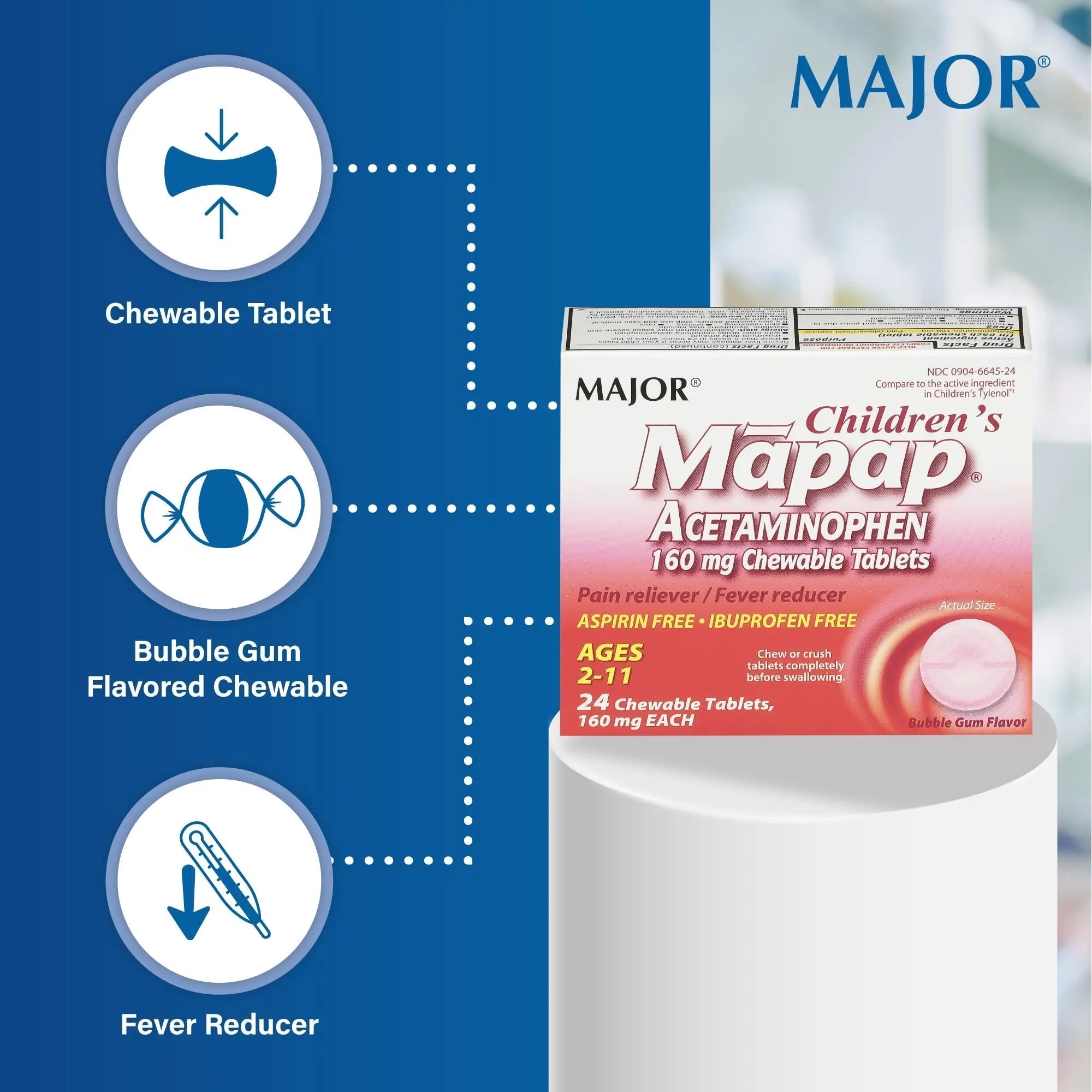 MAJOR Children’s Mapap Acetaminophen 160 mg Chewable Tablets - Pain Reliever/Fever Reducer - Aspirin Free - Ibuprofen Free - for Ages 2 to 11-24 Count (3 Pack) MAJOR buy supplements canada