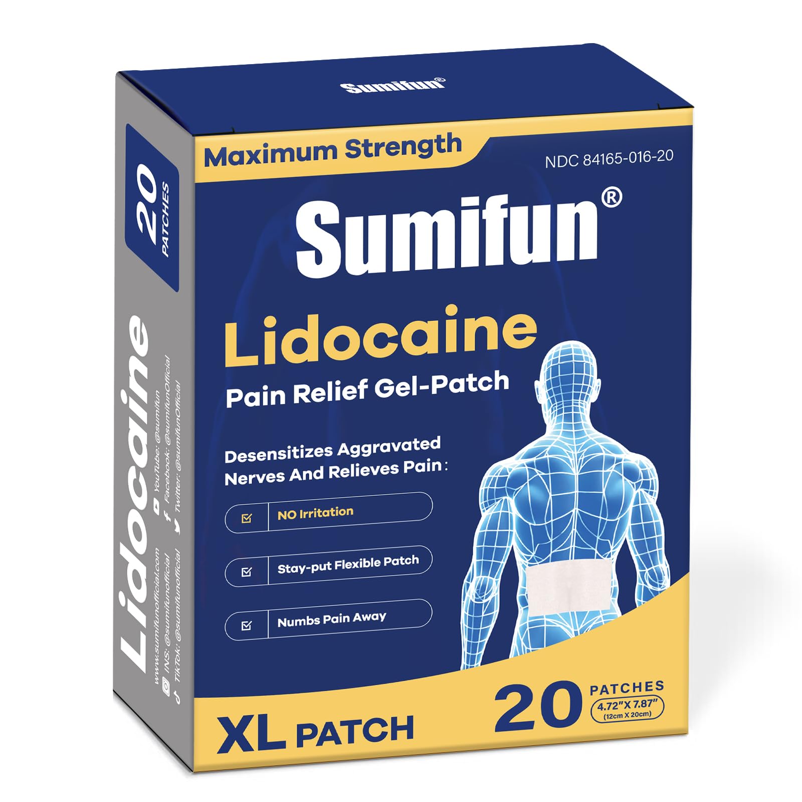Sumifun XL Lidocaine Patches for Pain Relief, 4% Lidocaine Maximum Strength OTC, Extra Large 4.72"x7.87" for Full Back Pain Patches & Large Areas (Extra Large, Count, 20) Sumifun buy supplements canada