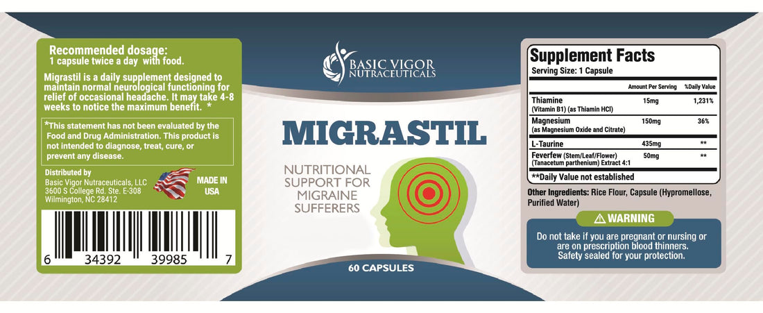 Basic Vigor Migrastil Migraine Support Capsules. Feverfew, Magnesium, Taurine & Vitamin B1 for Migraines Natural Supplement. Made in The USA. Vegan and Gluten Free. Basic Vigor buy supplements canada