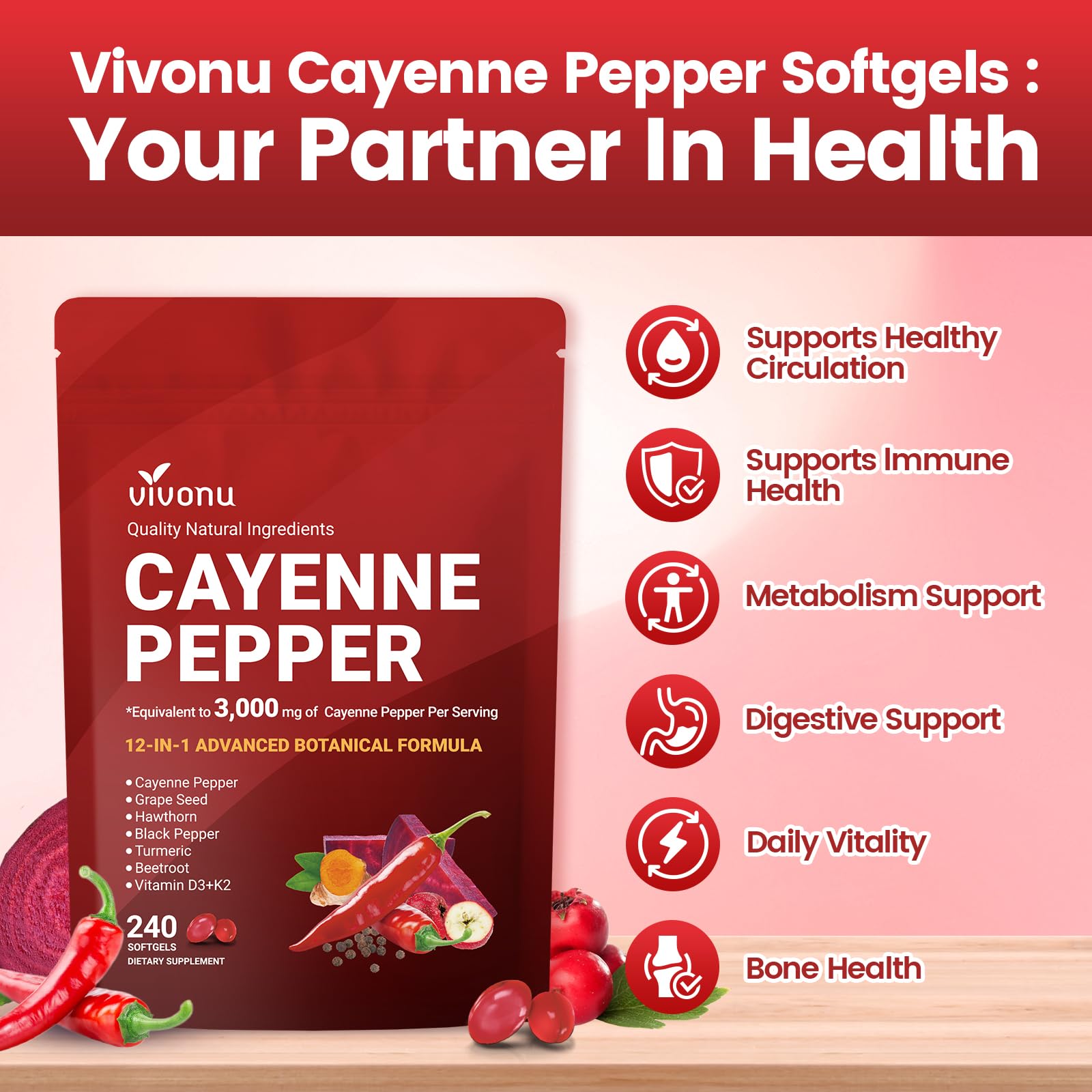 VivoNu Cayenne Pepper Softgels Supplement, Supports Leg Vein, Heart and Blood Vessel Health, with Vitamin E D3+K2 and Extracts of Grape Seed, Hawthorn VivoNu buy supplements canada