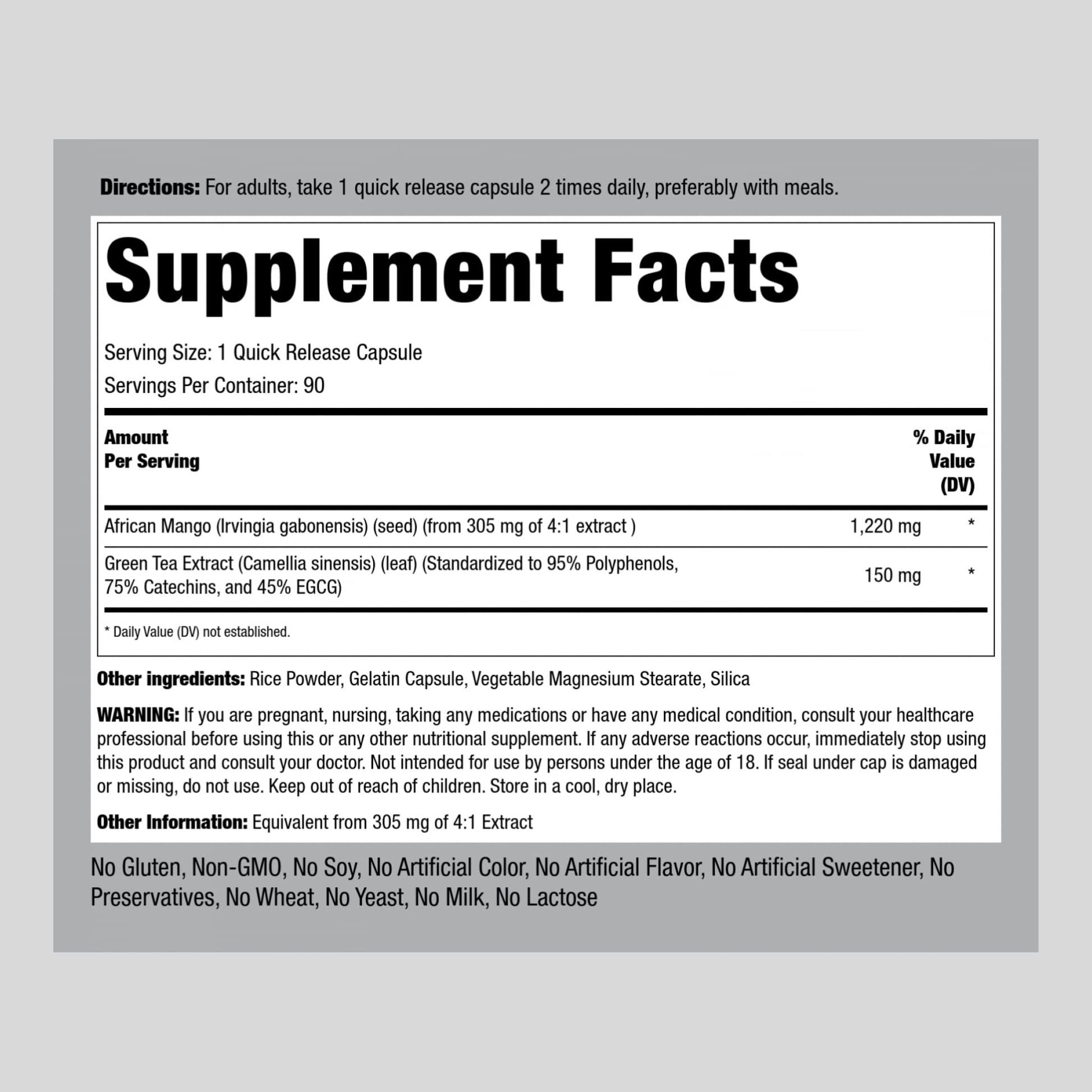 Piping Rock African Mango Seed Extract 1220 mg | 90 Capsules | with Green Tea | Extra Strength Piping Rock buy supplements canada