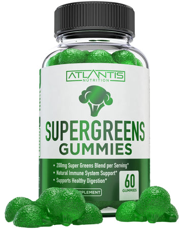 Atlantis Nutrition Supergreens Gummies - Daily Green Superfoods Supplement with Spinach, Broccoli, Moringa, Beet Root, Celery, Green Tea, & Acai for Immunity Support - Natural Raspberry Flavor, 60 cnt Atlantis Nutrition buy supplements canada