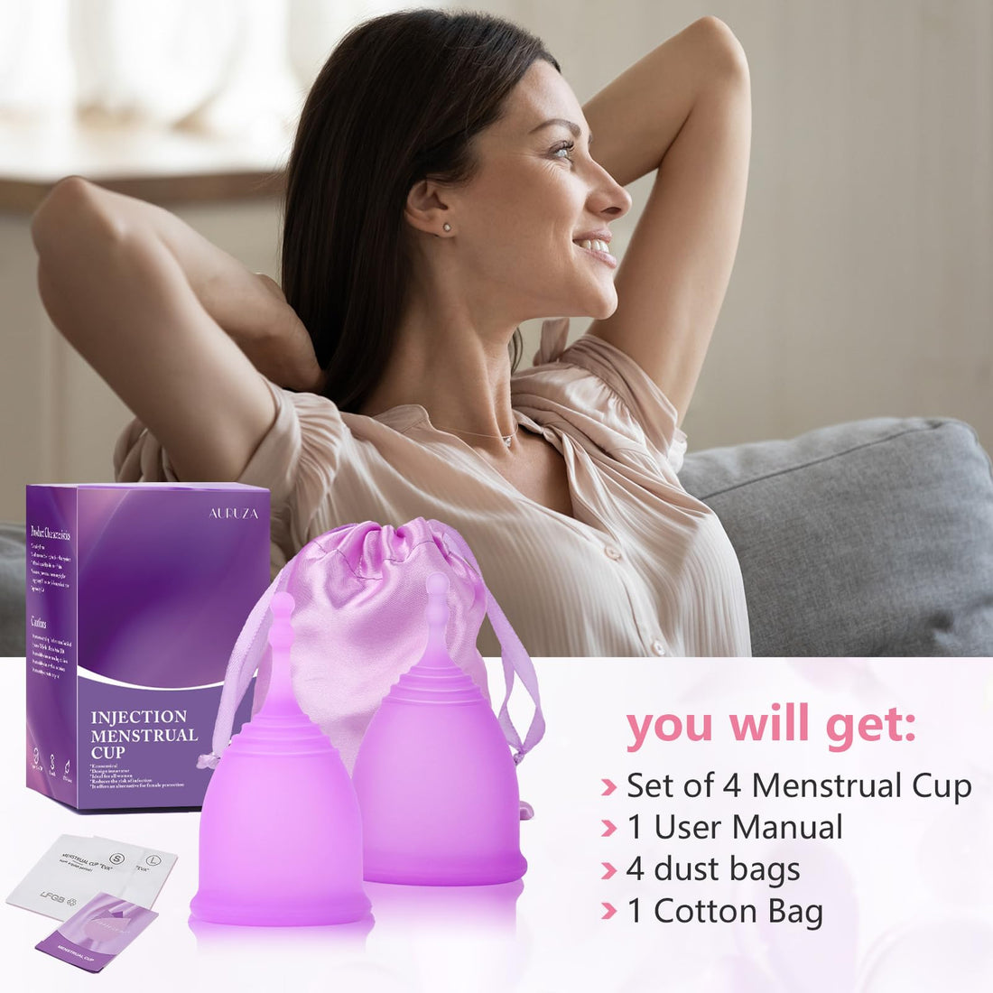 AURUZA Menstrual Cups, Set of 2 Reusable Period Cups Kit for Girls & Women, Silicone Soft Cups AURUZA buy supplements canada