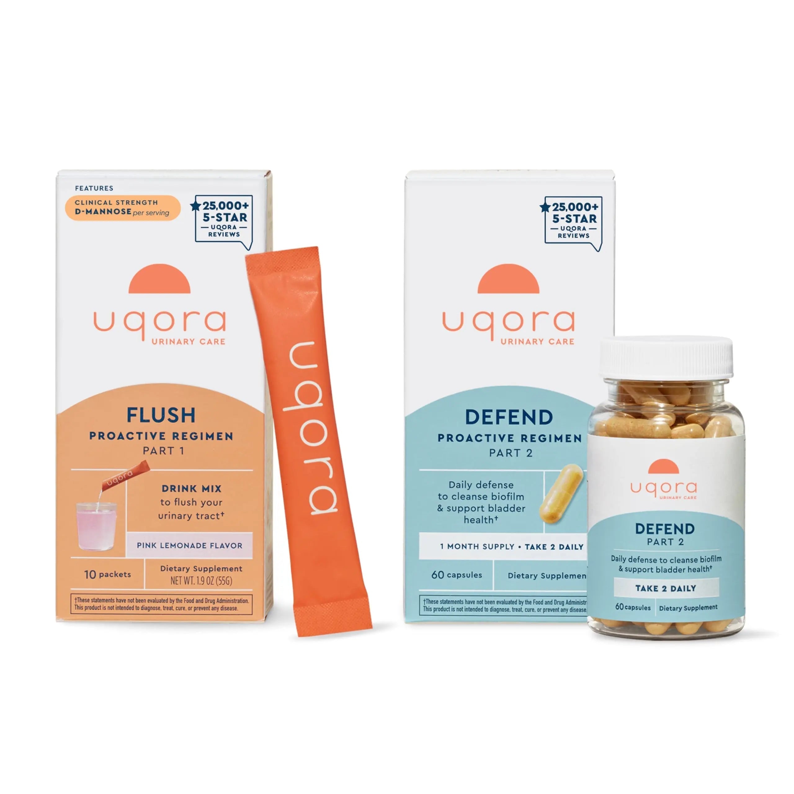 Uqora Flush (Pink Lemonade, 10 Packets) & Defend (60 Capsules) Bundle - Support Urinary Tract* with D-Mannose, Vitamin C & More - Support Bladder Health & Cleanse Biofilm* with D-Mannose & More Uqora buy supplements canada