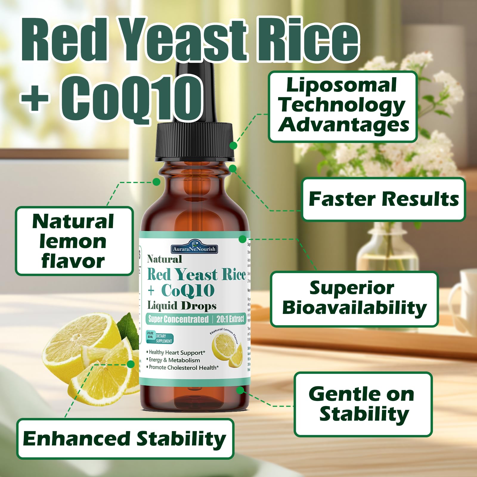 Liposomal Red Yeast Rice with Coq10 Liquid Drops, 5-in-1 Extra Strength 1200mg Cholesterol & Heart Support w. Citrus Bergamot Alpha Lipoic Acid | Cholesterol Lowering Supplement | GMO & Citrinin Free AuraraNeNourish buy supplements canada