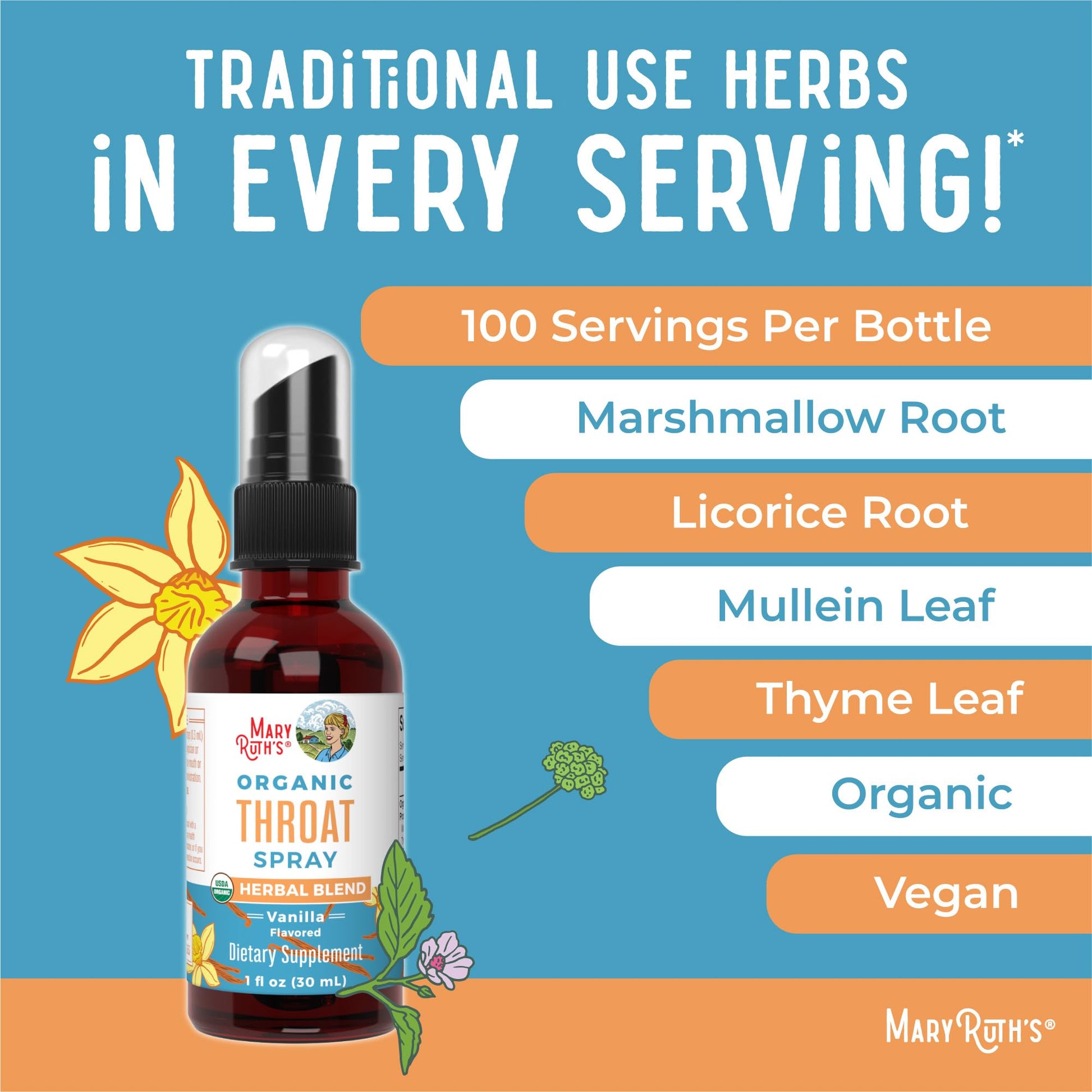 MaryRuth Organics USDA Organic Throat Spray with Mullein Leaf | Marshmallow Root & Licorice Root & Thyme Leaf | Vanilla | 4 Herbal Blend | Non-GMO | Vegan | Gluten Free | 1 Fl Oz | Up to 100 Servings MARYRUTH'S buy supplements canada
