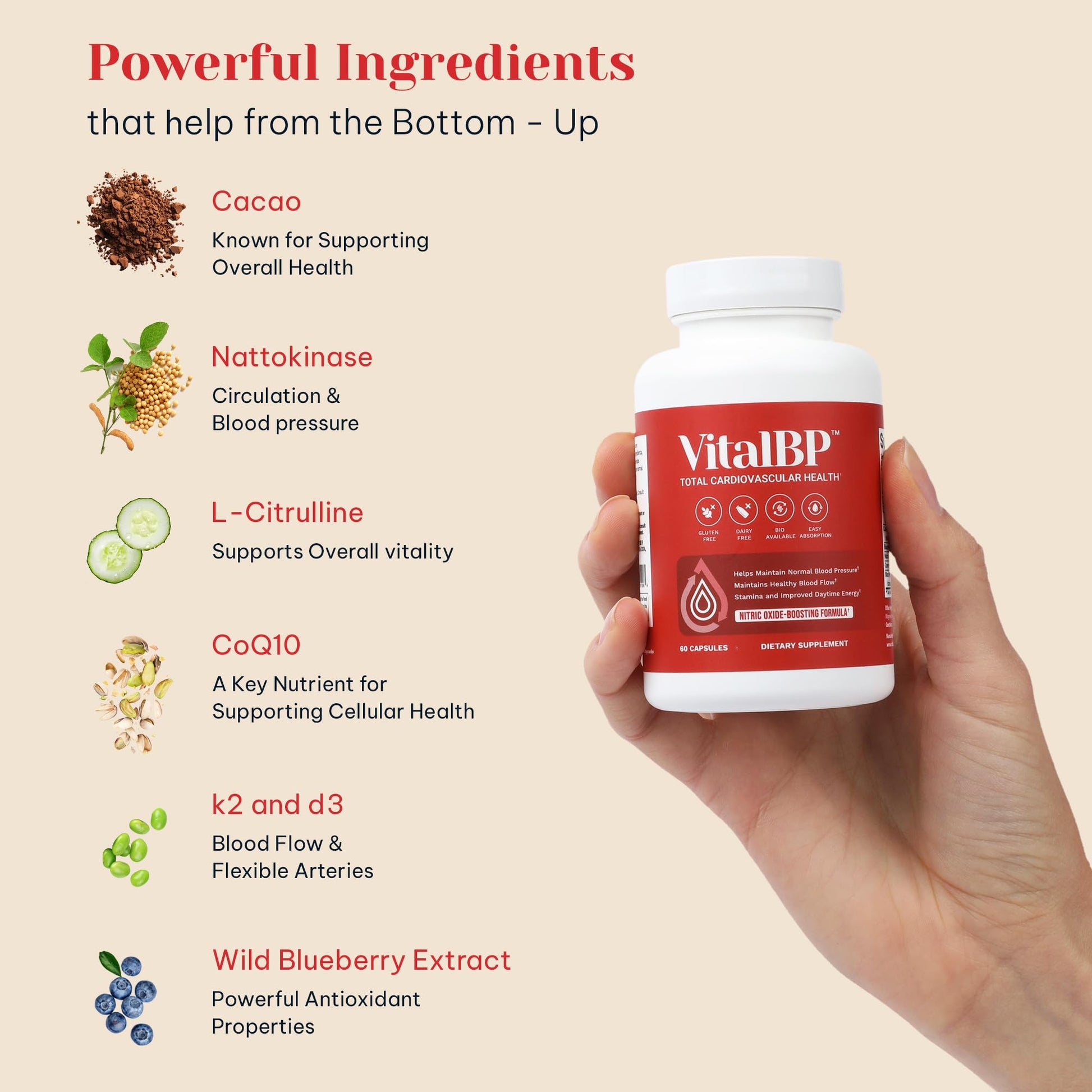 Vital BP - Support for Normal Blood Pressure - Supports Blood Flow & Arteries - with CoQ10, L-Citrulline, and K2 & D3-60 Capsules VitalBP buy supplements canada