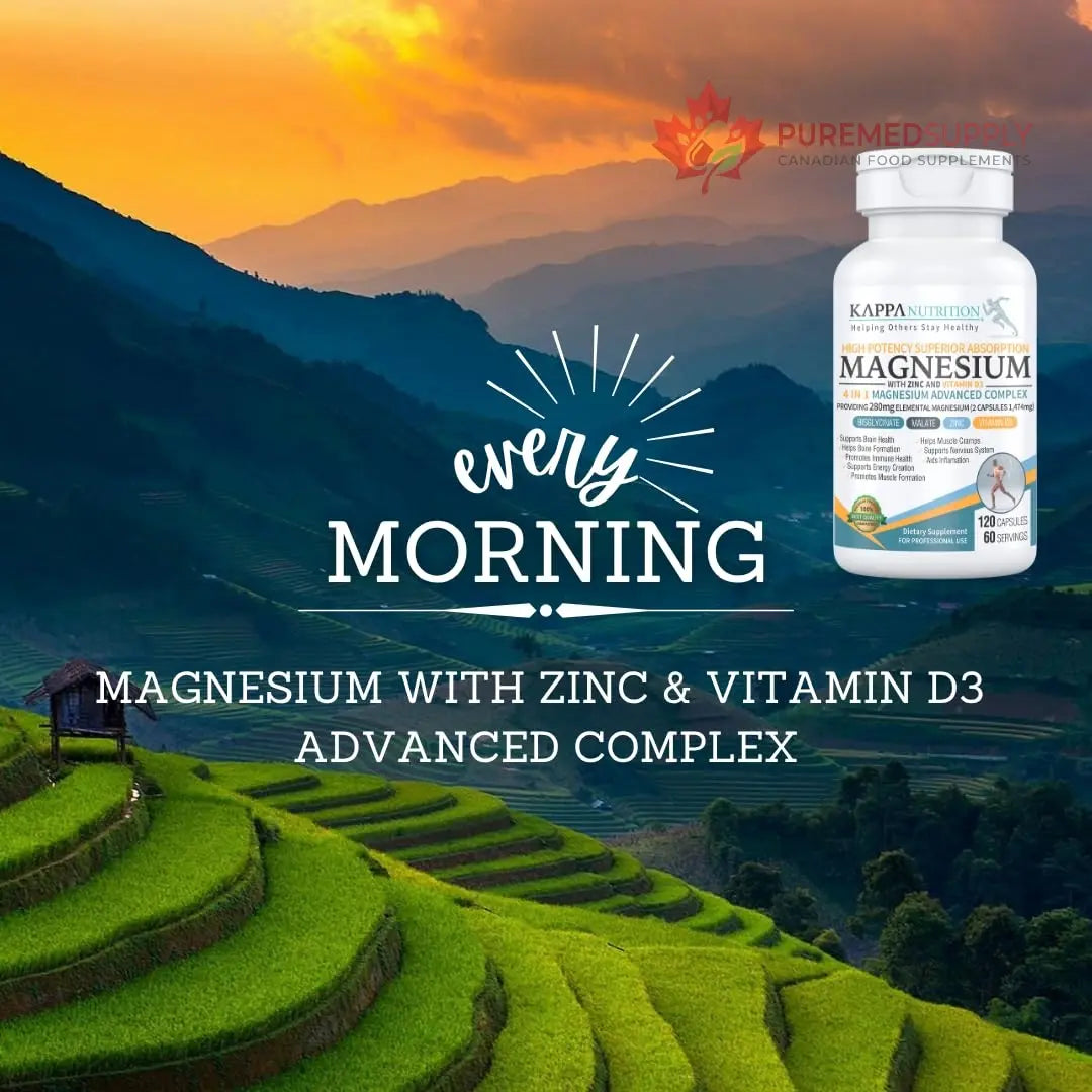 Kappa Nutrition Magnesium 4-in-1, 280mg Elemental Magnesium (Bisglycinate, Malate) + Zinc & Vitamin D3, Brain, Sleep, Energy, Muscle, Immune Support, 120 Vegan Capsules. KAPPA NUTRITION buy supplements canada