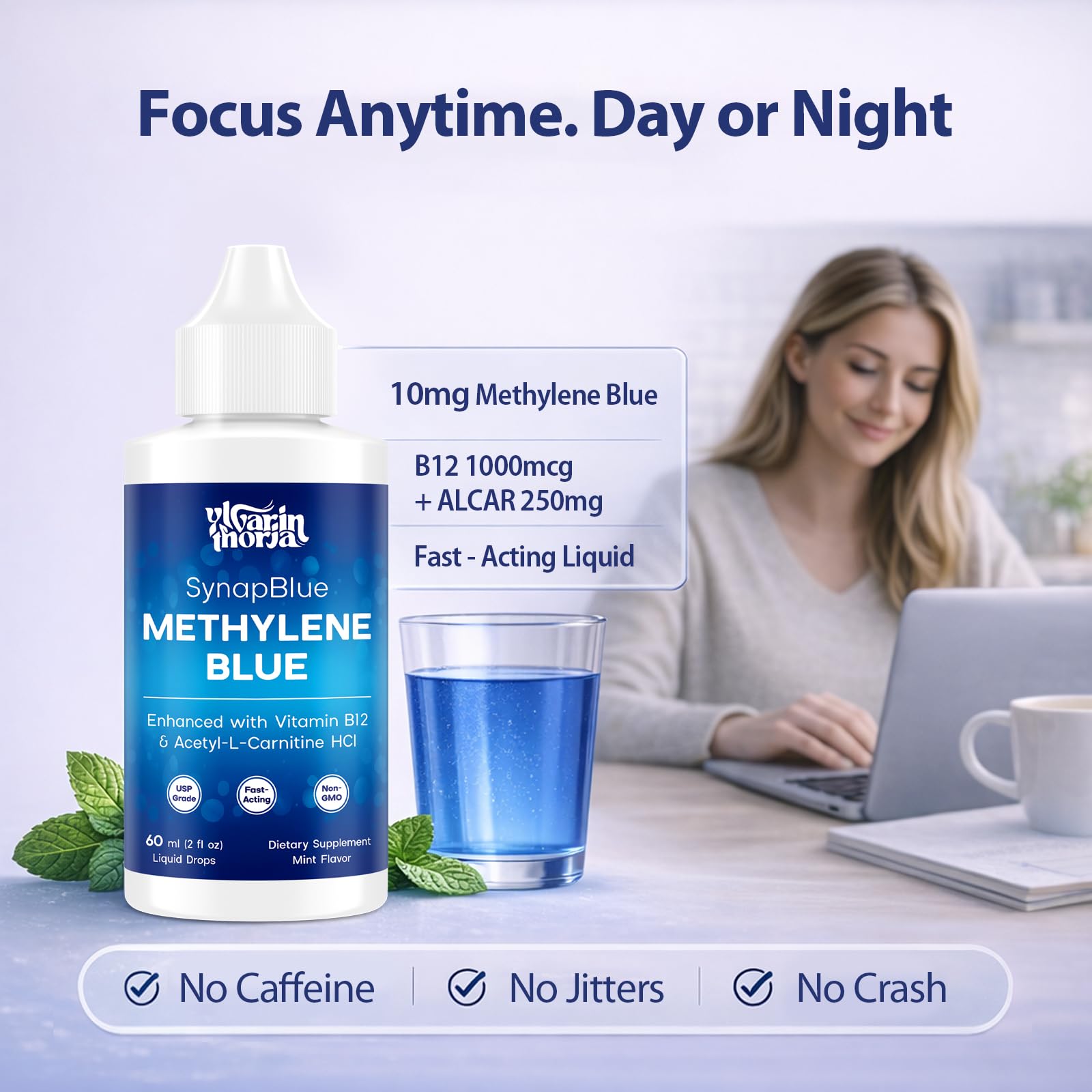 Methylene Blue Drops for Humans, 1% USP Grade – Dropper-Free No-Touch Bottle, Brain Supplement for Memory and Focus – Fast-Acting Nootropic with Methyl B12 & ALCAR – Caffeine-Free, Mint Flavor, 2oz YLVARIN THORIA buy supplements canada