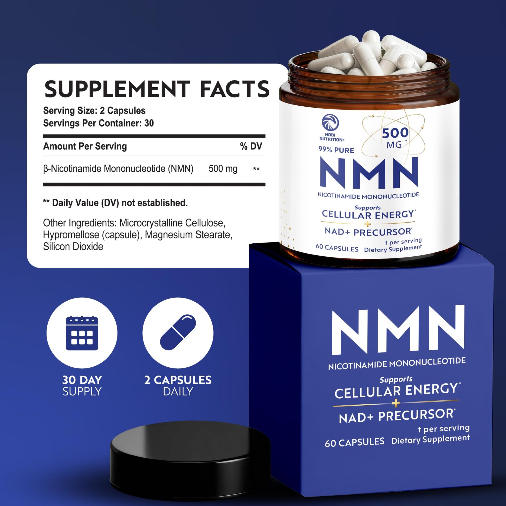 NMN Supplement 500mg | 99% Pure | NAD+ Precursor for Cellular Energy, Longevity, Repair, and Healthy Aging Support | Third-Party Tested & Non-GMO | Nicotinamide Mononucleotide | 60 NMN Capsules Nobi Nutrition buy supplements canada
