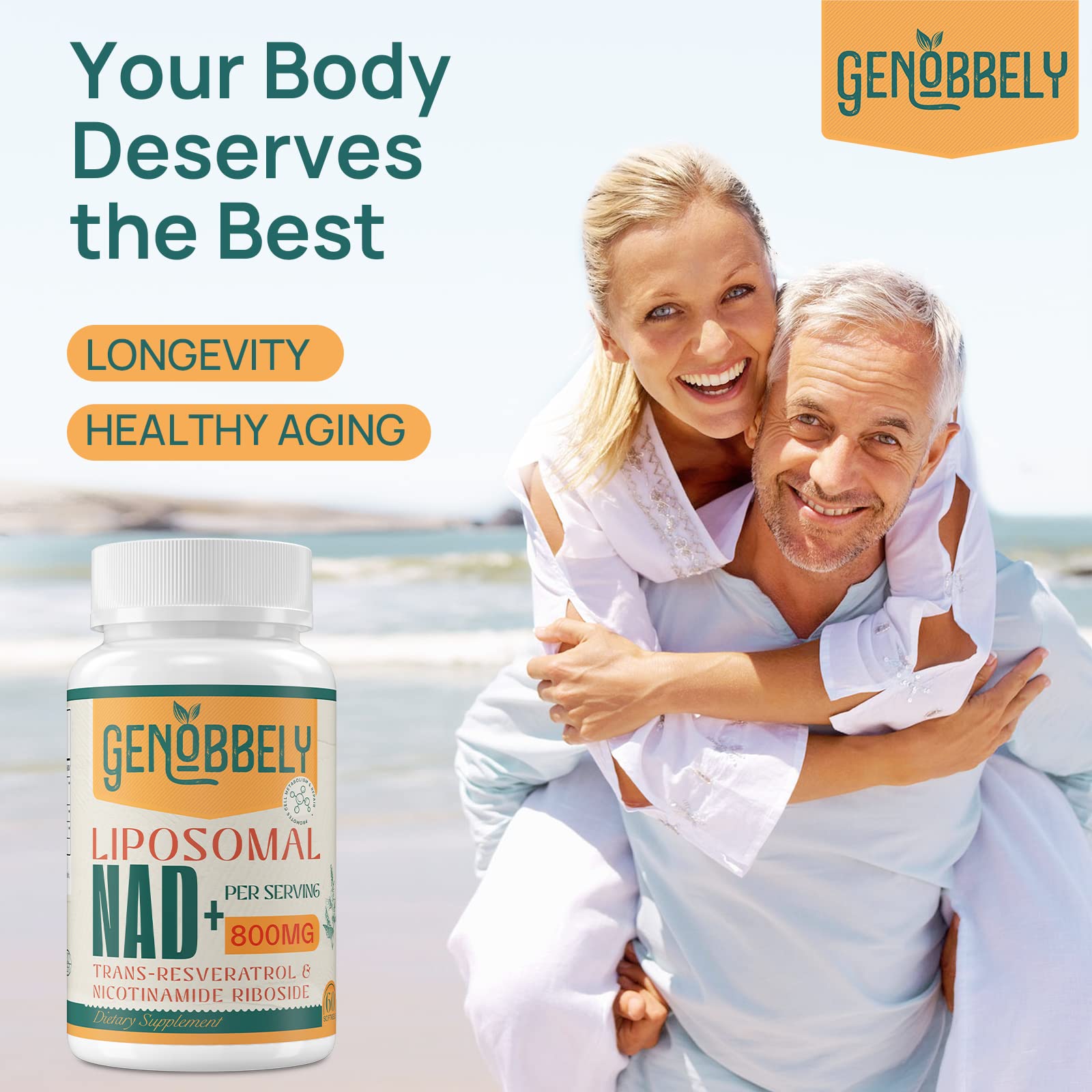 GENOBBELY 800 mg Liposomal NAD+ Supplement with Nicotinamide Riboside 200 mg, Trans-Resveratrol 100 mg - True NAD Supplement for DNA Repair, Healthy Aging, Brain Function - 60-Day Supply GENOBBELY buy supplements canada