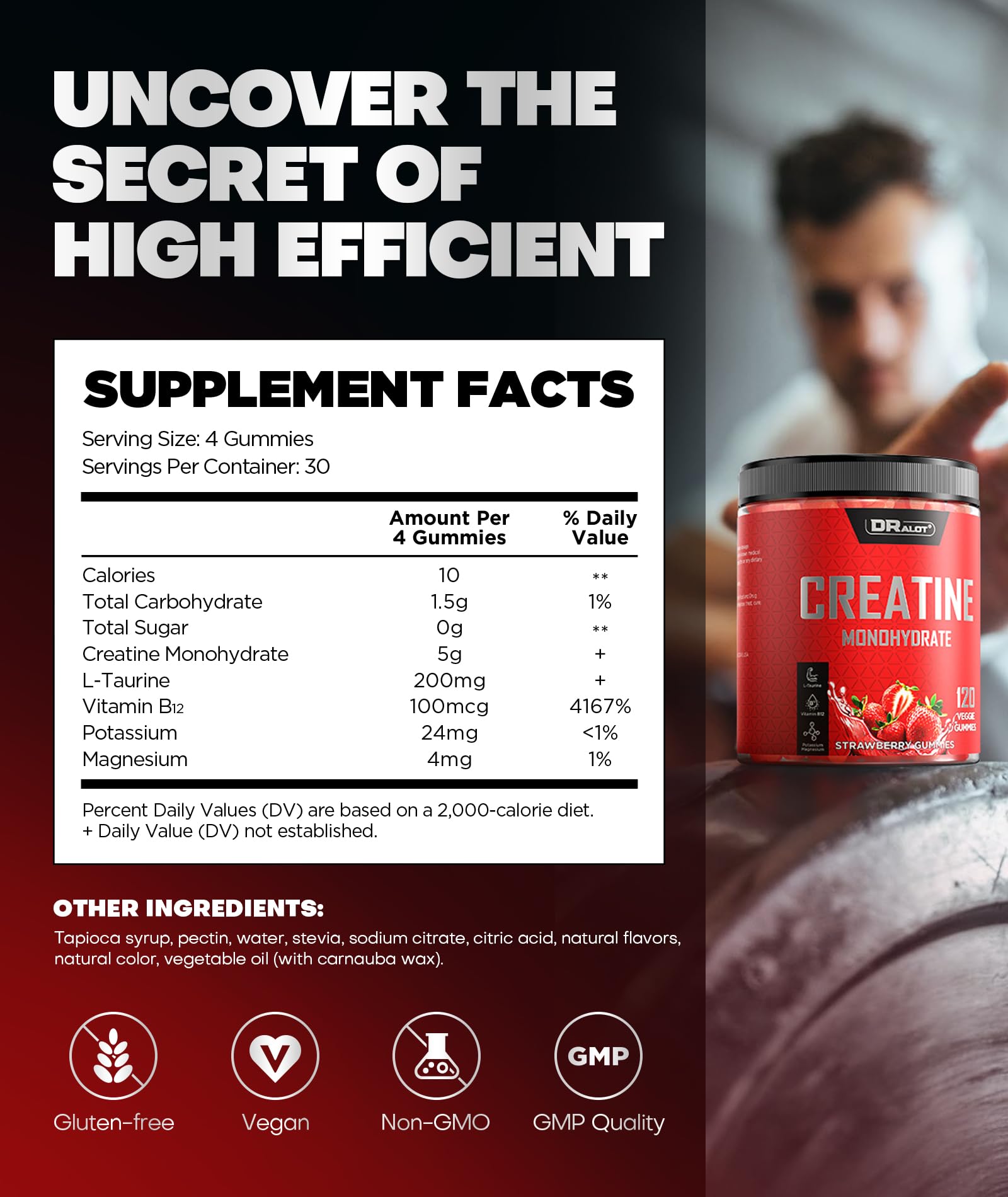 Dralot 99.99% Creatine Monohydrate Gummies More 15% Strength, 5X Energy & Muscle Support Pre-Workout Complex Creatine for Women & Men with 5000mg Creatine, L-Taurine, B12, Mg & K, 0 Sugar, Vegan Dralot buy supplements canada