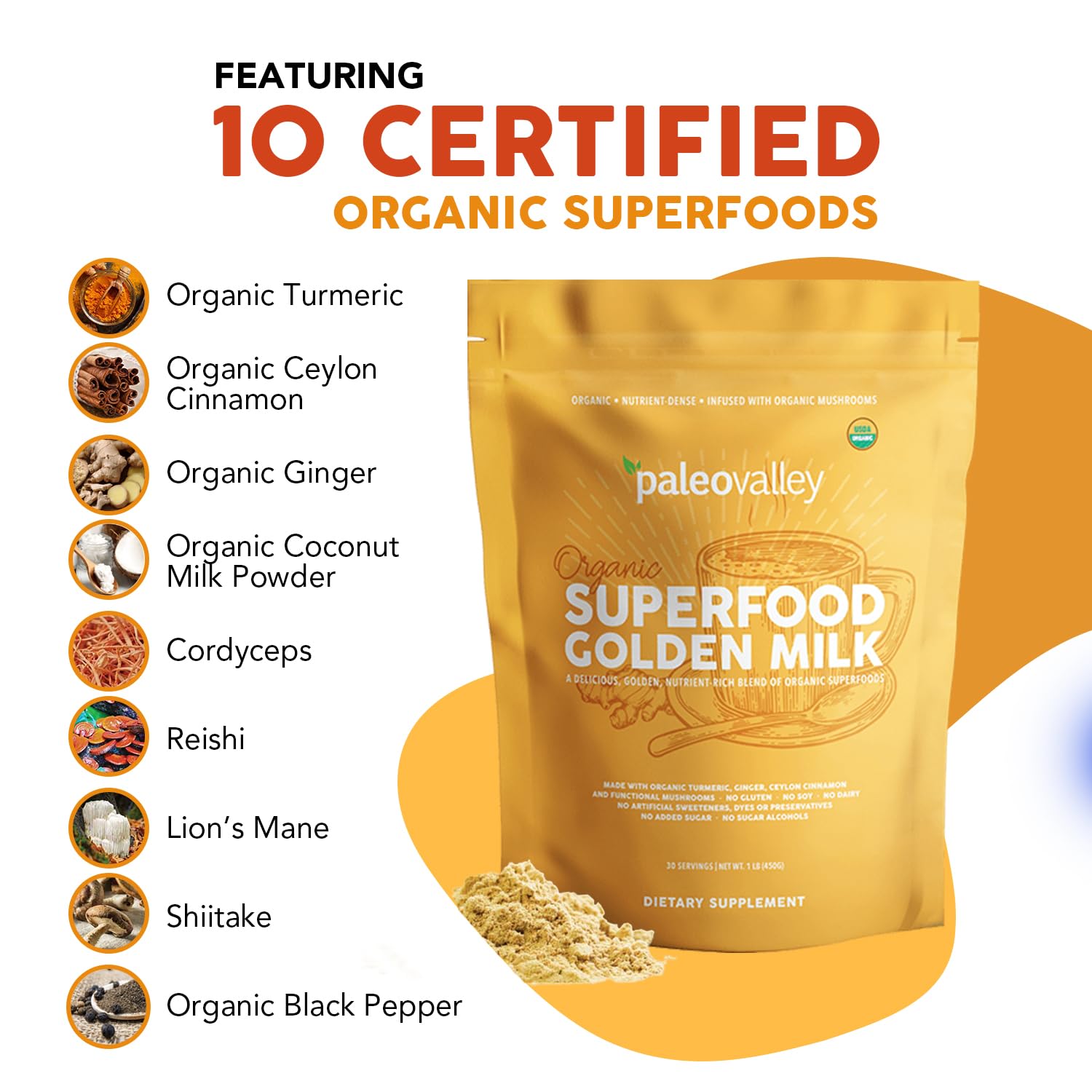 Paleovalley Organic Superfood Golden Milk - Immune, Focus, Cognitive, Longevity - Turmeric, MCT-Rich Coconut Milk, Functional Mushrooms, 30 Servings Paleovalley buy supplements canada