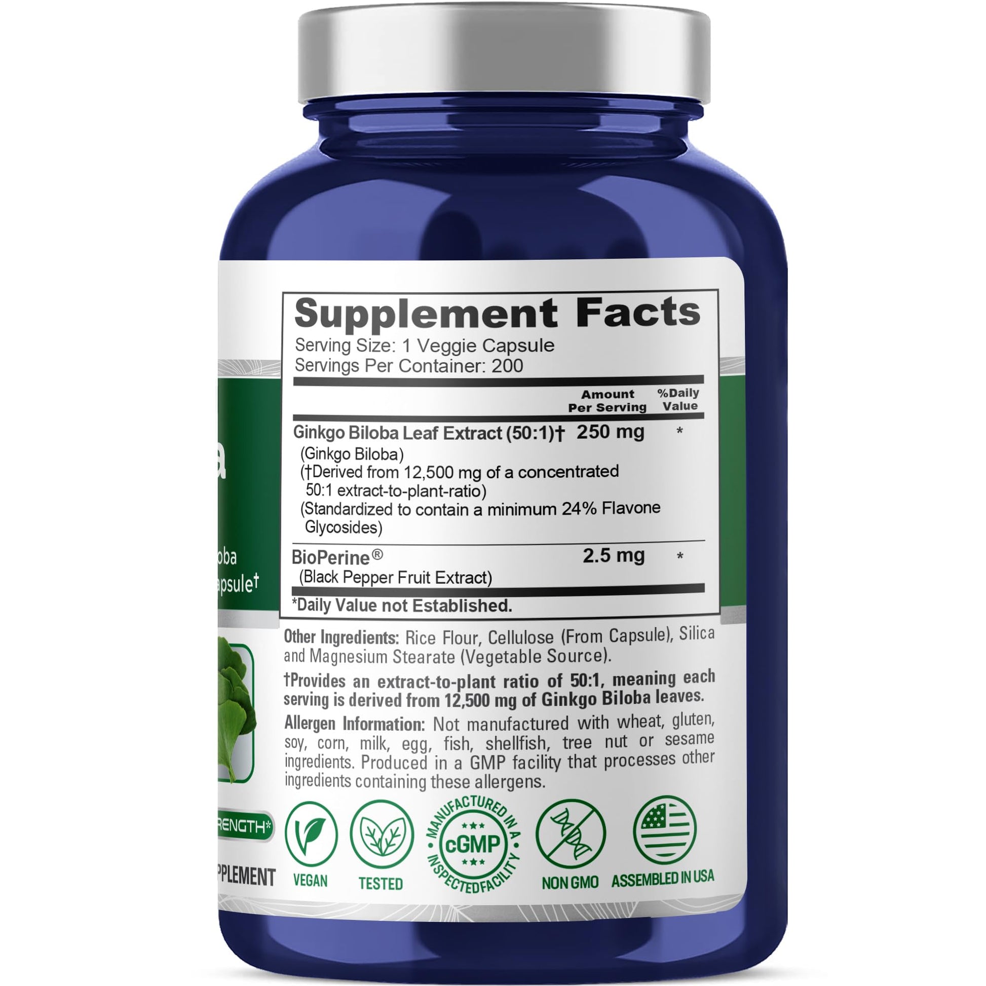 NusaPure Ginkgo Biloba 50:1 Extract, 250 mg Equivalent to 12,500 mg per Veggie Caps 200 Capsules (Vegetarian, Non-GMO, Vegan) Bioperine NusaPure buy supplements canada