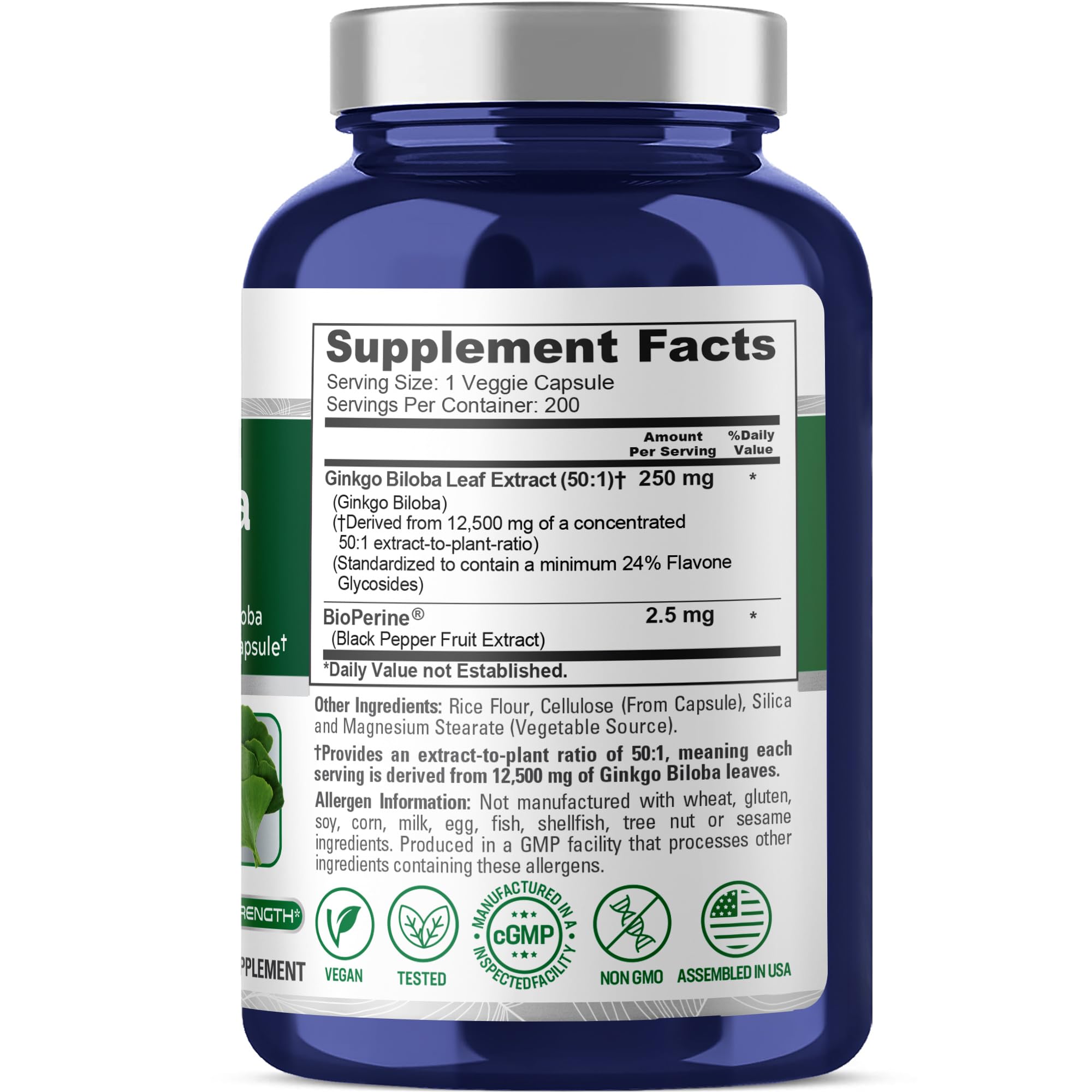 NusaPure Ginkgo Biloba 50:1 Extract, 250 mg Equivalent to 12,500 mg per Veggie Caps 200 Capsules (Vegetarian, Non-GMO, Vegan) Bioperine NusaPure buy supplements canada