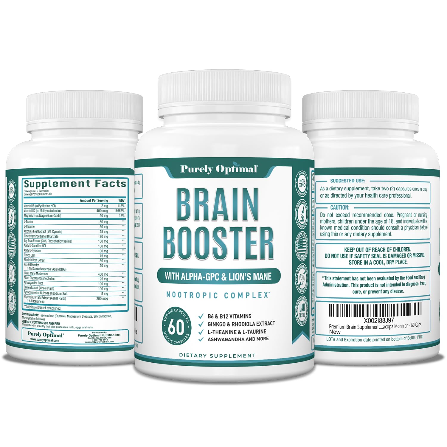 Purely Optimal Brain Booster Nootropic Supplement – Brain Support for Memory, Focus, Clarity, Jitter-Free Energy for Adults, Seniors– with Ginkgo Biloba, Alpha GPC, Lion’s Mane – 60 Capsules Purely Optimal buy supplements canada