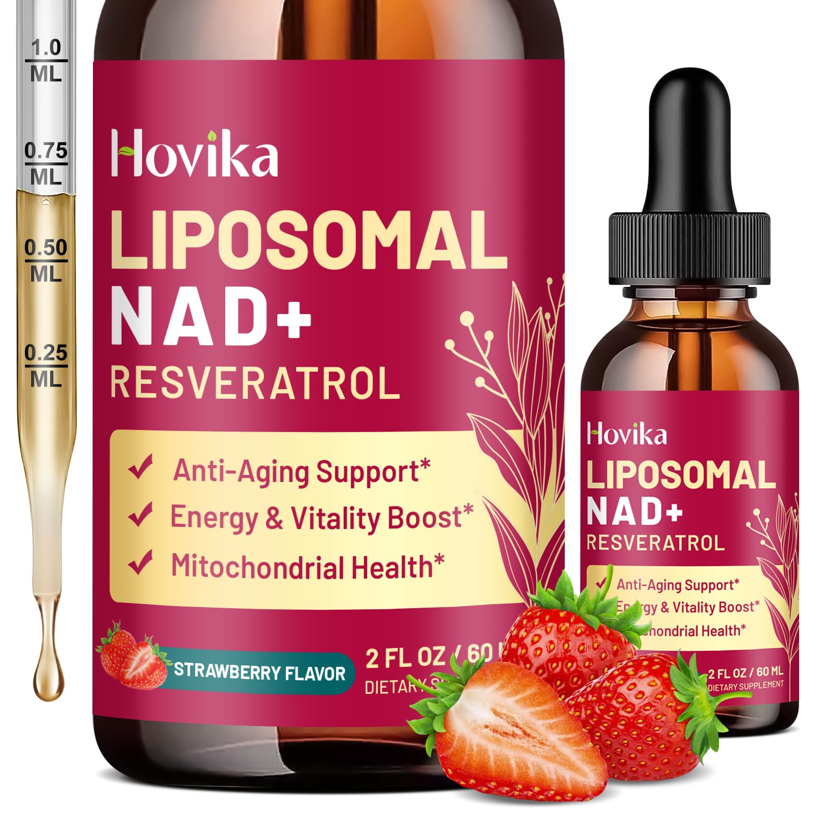 Liposomal NAD Supplement - 1200mg NAD+ Liquid Drops for Women & Men with Resveratrol, Black Pepper Extract - Support Anti-Aging, Brain & Cellular Mitochondrial Health - 2 Fl Oz, Strawberry Flavor Hovika buy supplements canada