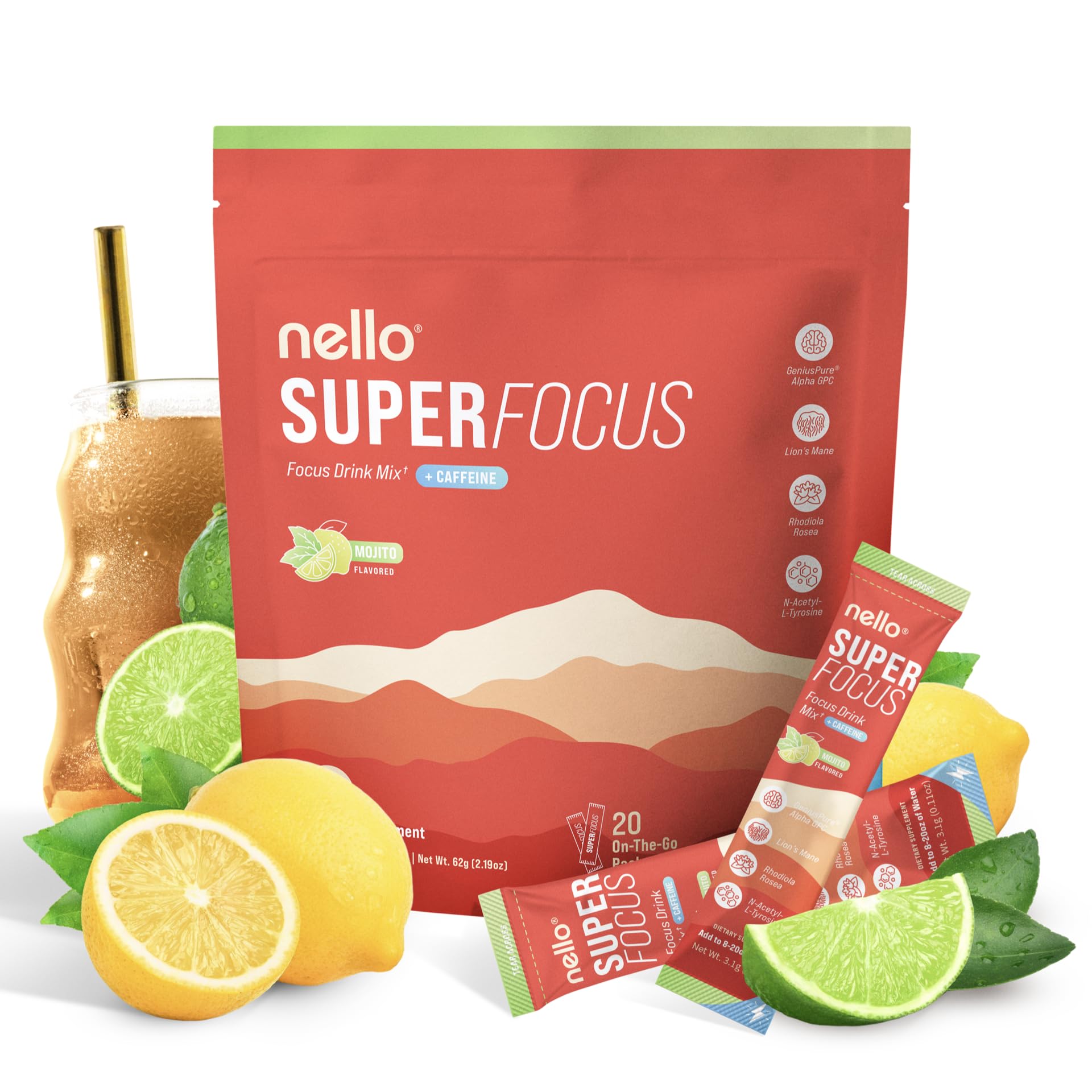 Nello Superfocus Mojito with Caffeine Nootropic Focus Drink Mix, 20 On-The-Go Packets, Alpha GPC, Lions Mane, Rhodiola, Sugar-Free Nello buy supplements canada