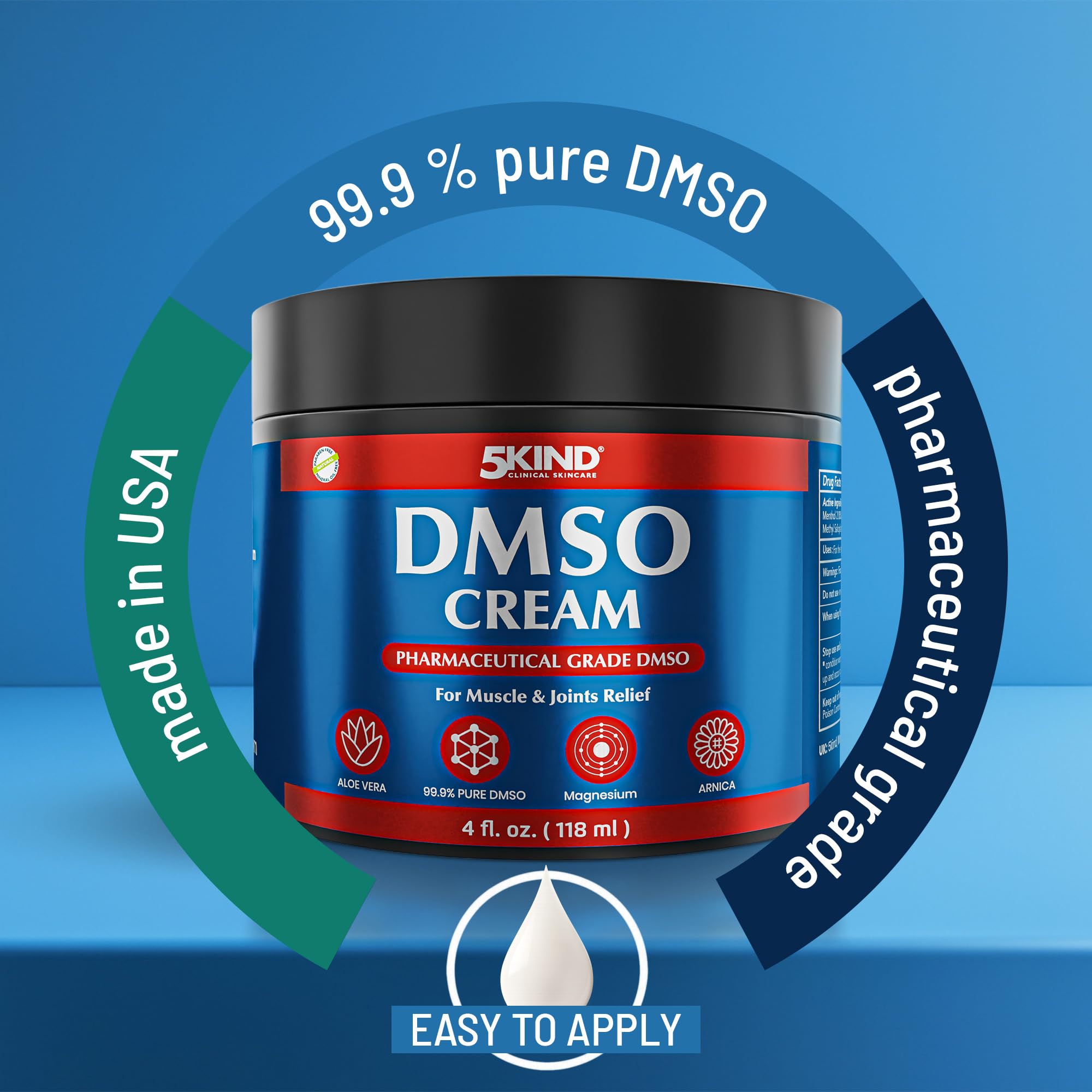 5Kind DMSO Cream for Pain Relief 4 fl oz - 99.9% Pure DMSO Pharmaceutical Grade Cream - Aloe Vera, Magnesium, Arnica & Menthol - Topical Muscle and Joint Pain Relief - Registered NDC - Made in USA 5kind clinical skincare buy supplements canada