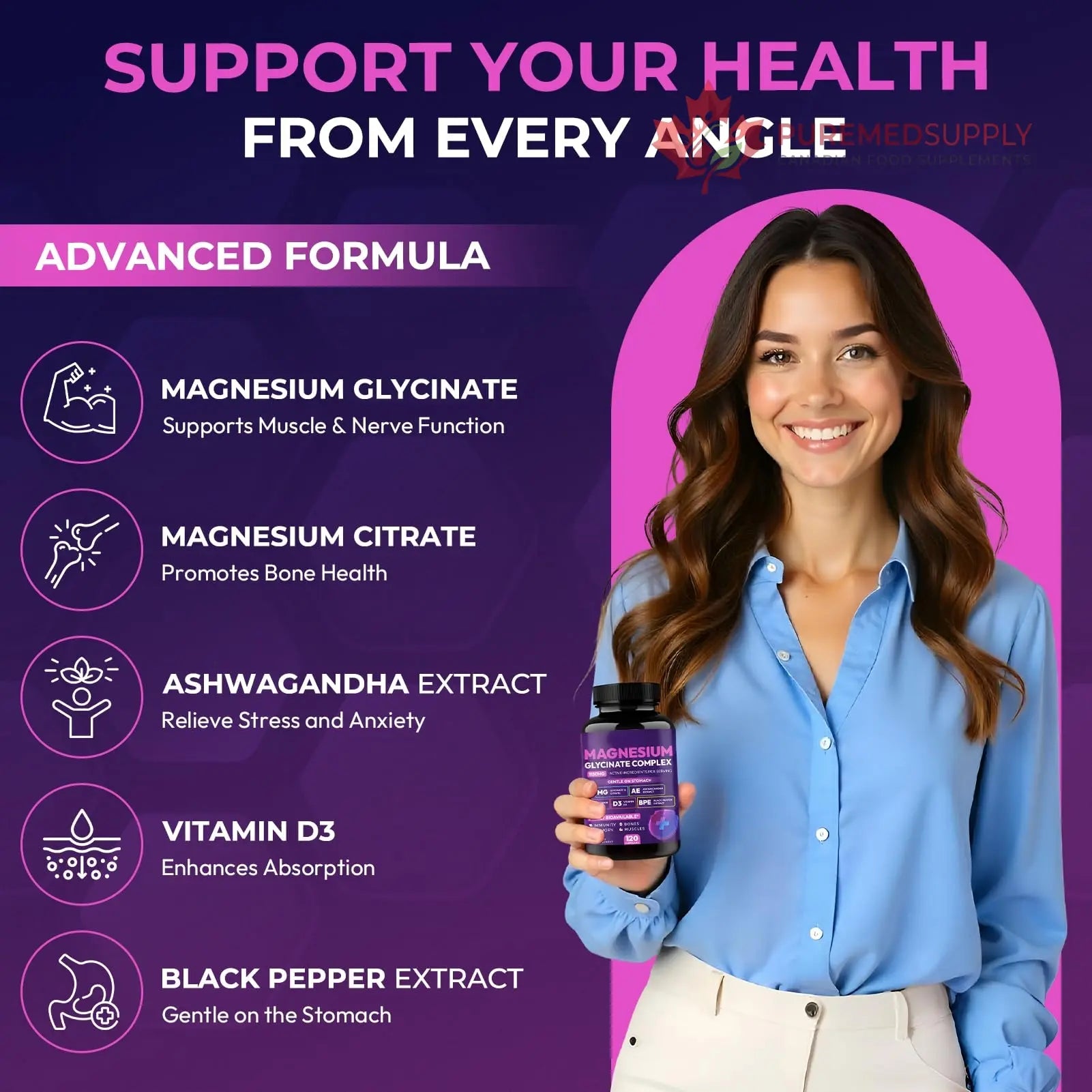 Magnesium Glycinate Complex 1150mg - Gentle on Stomach High Absorption Magnesium Capsules with Citrate, Silica, Ashwagandha & Vitamin B6 for Zzz, Stress Relief, Muscle Support for Adults, Women & Men Cytona buy supplements canada