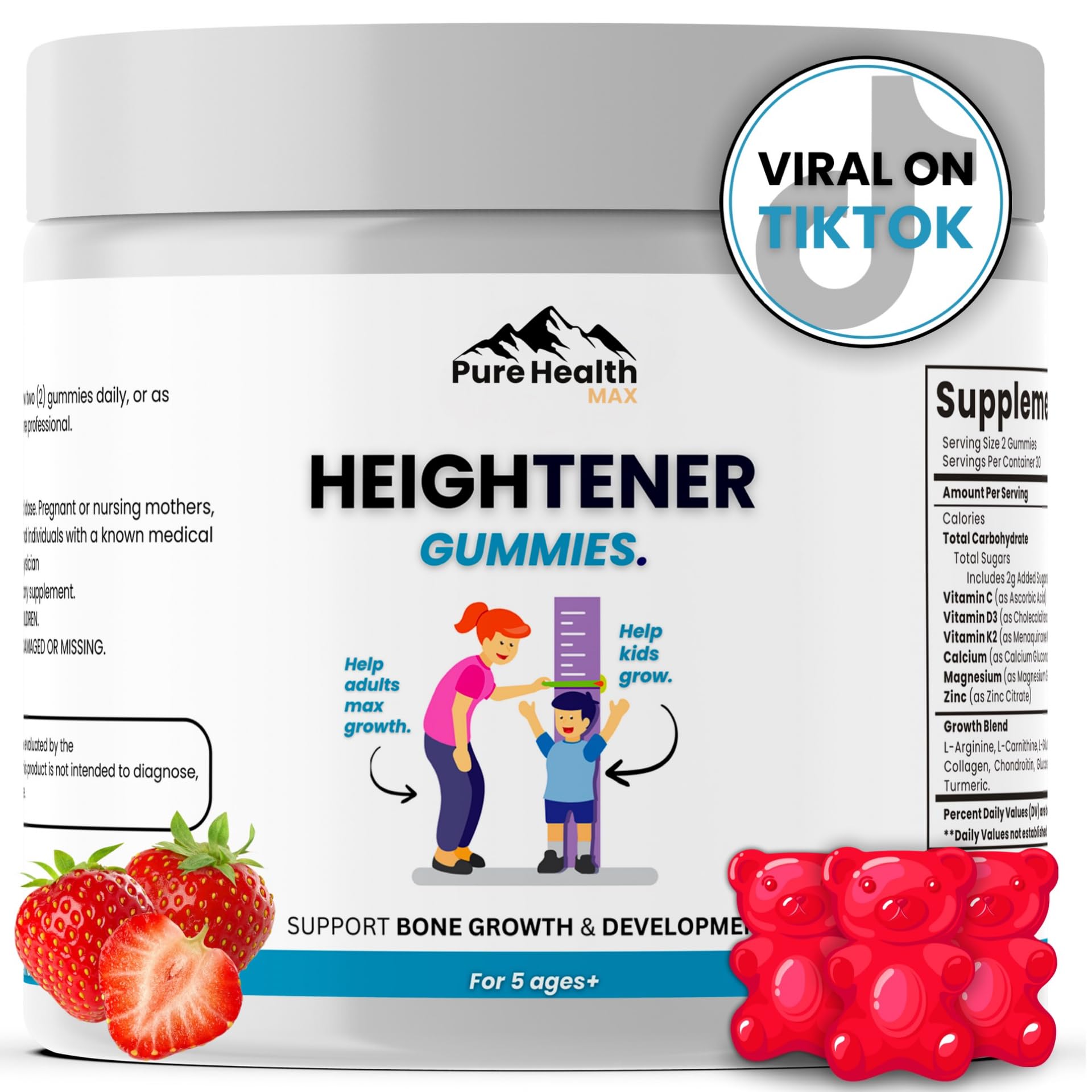 Heightener Gummies - Natural Height Growth Supplement for Kids, Teens and Adults to Increase Bone Strength and Grow Tall | Height Maximizer Pills with L-Arginine, Calcium & Zinc | 60 Gummy PURE HEALTH MAX buy supplements canada