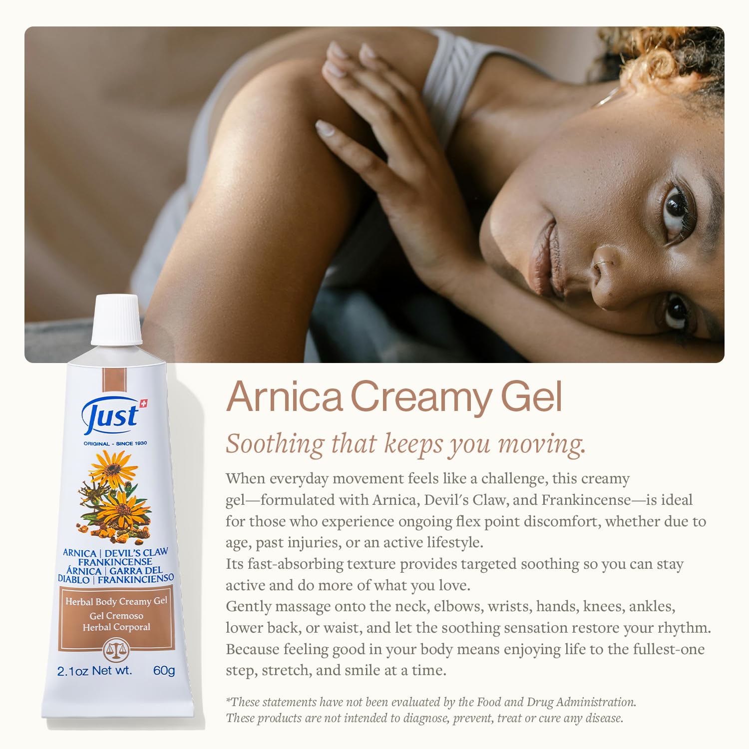 Swiss Just Arnica Gel, Arnica Creamy Gel 60g. Arnica Cream w/Devils Claw & Frankincense Oil. A Gentle Massage Cream on Wrists, Fingers, Knees, Ankles, Joints, Waist, Neck, and Back. SwissJust buy supplements canada