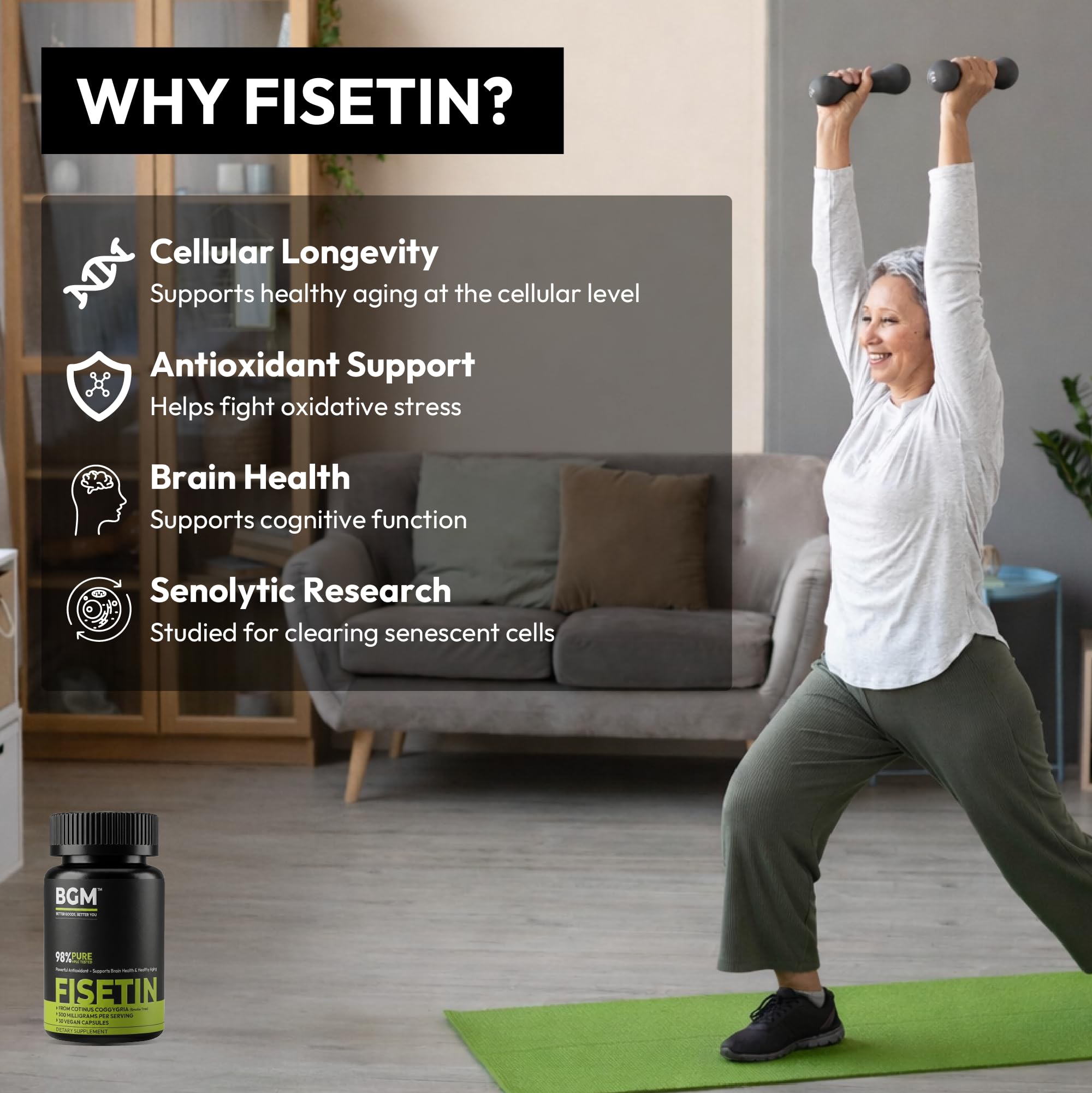 BGM Fisetin 500mg Supplement | Smoke Tree Extract (Cotinus coggygria) | 98% Pure Senolytic Antioxidant | Vegan Capsules | Supports Brain Health & Healthy Aging BGM Better Goods, Better You buy supplements canada
