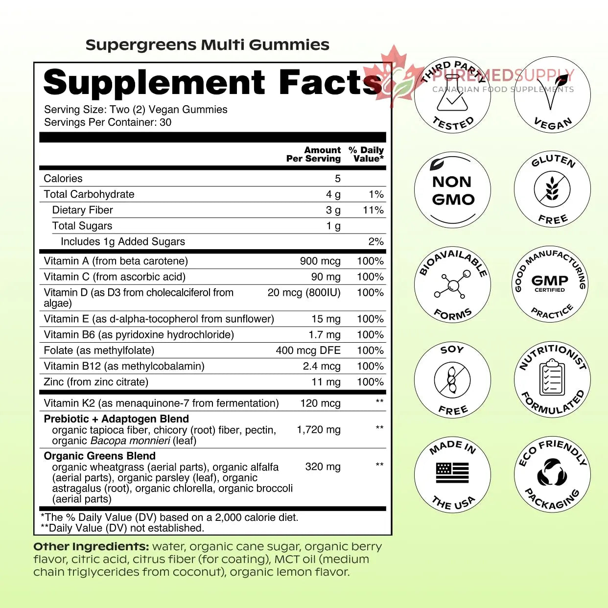 wholier Daily Supergreens Gummies, Greens Supplement with Prebiotics, Fiber, Adaptogens, Vegan Multivitamin, 9 Essential Vitamins + Minerals, 1g Sugar, 2 Gummy Serving (60 Gummies, 30 Day Supply) wholier buy supplements canada